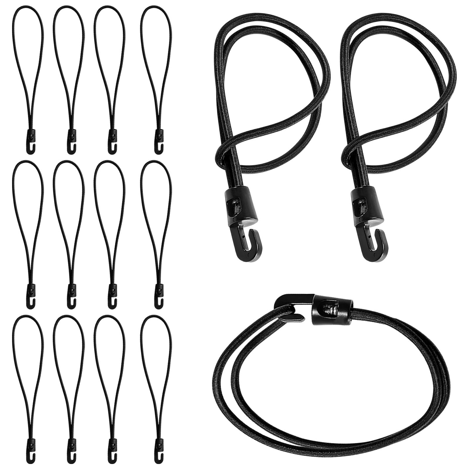 15-Piece Bungee Cords with Hooks, 25cm/9.8in Heavy Duty Bungee Straps for Tarpaulin, Tents and Camping, Multi-Purpose Elastic Cord Tie Down Straps for Pool Covers and Trailer Nets (Black)