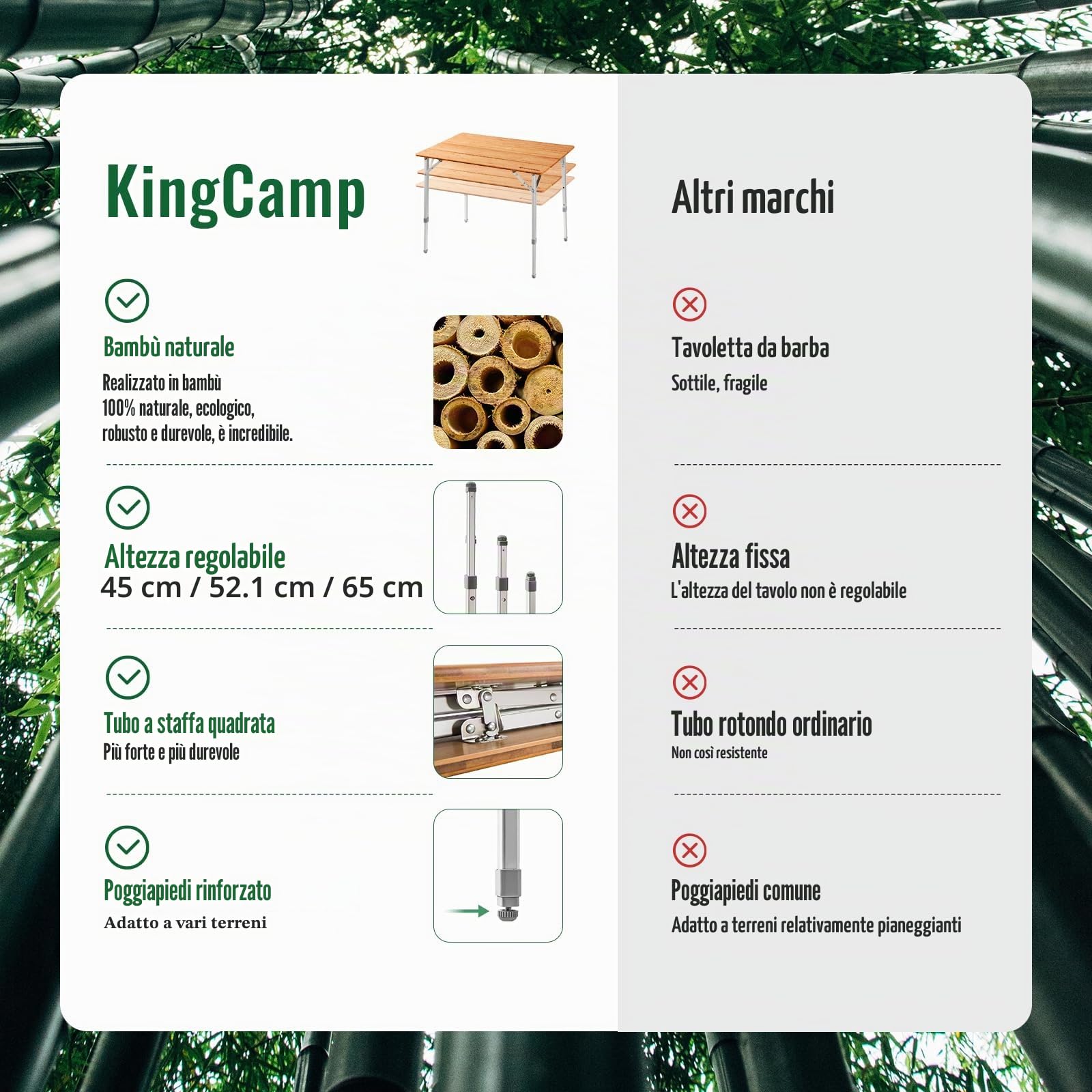 KingCamp Tavolo Pieghevole 100x65x45/52/65cm in Bamboo Regolabile in Altezza, da Esterno, Interno, Portatile, Salvaspazio, da Campeggio, Arrotolabile, Balcone Giardino Picnic