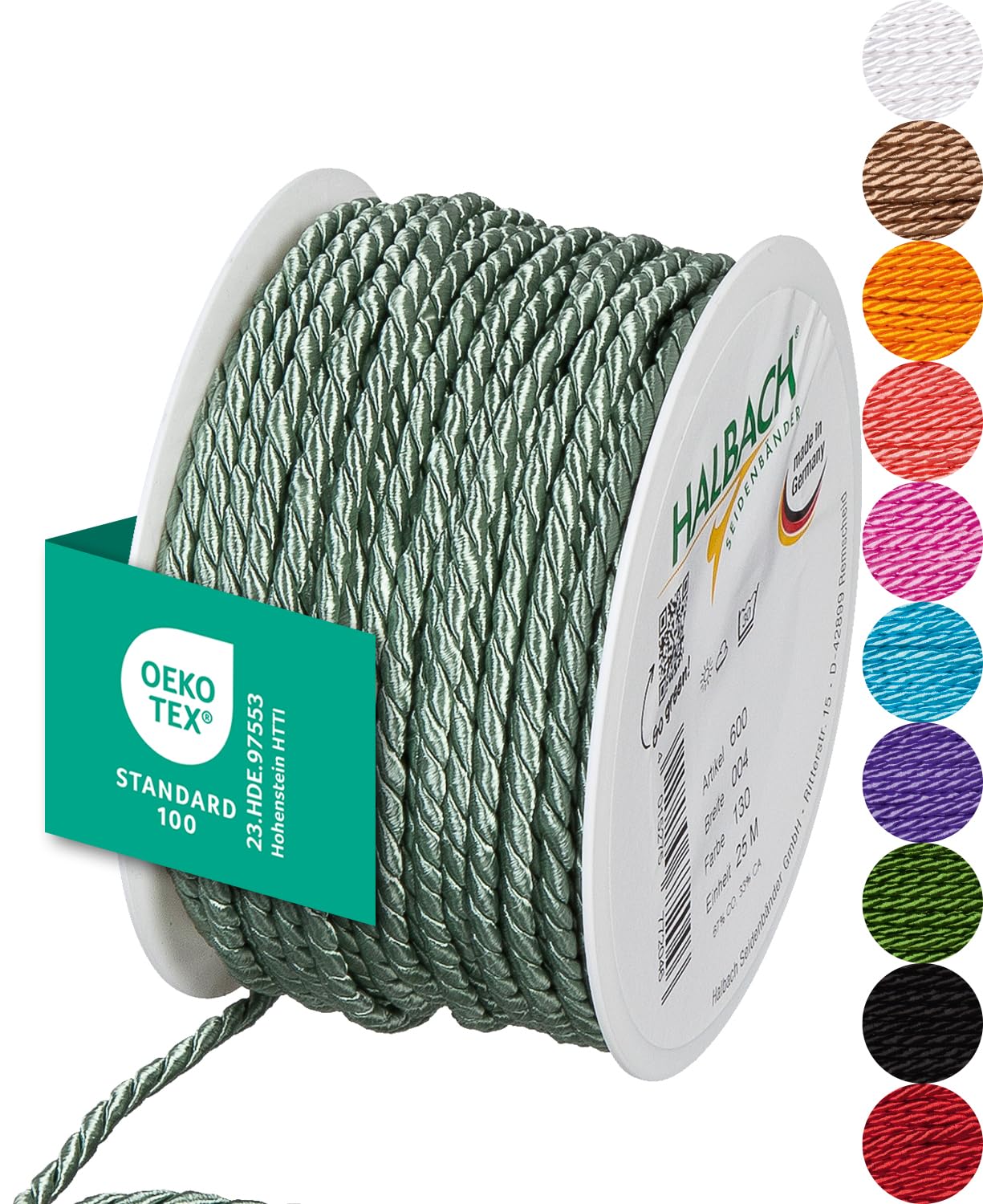 Halbach Seidenbänder Premium Kordel (Jade) | Breite 4mm Länge 25m | Made in Germany & Öko-Tex Zertifiziert | glänzende Satinkordel aus Acetat