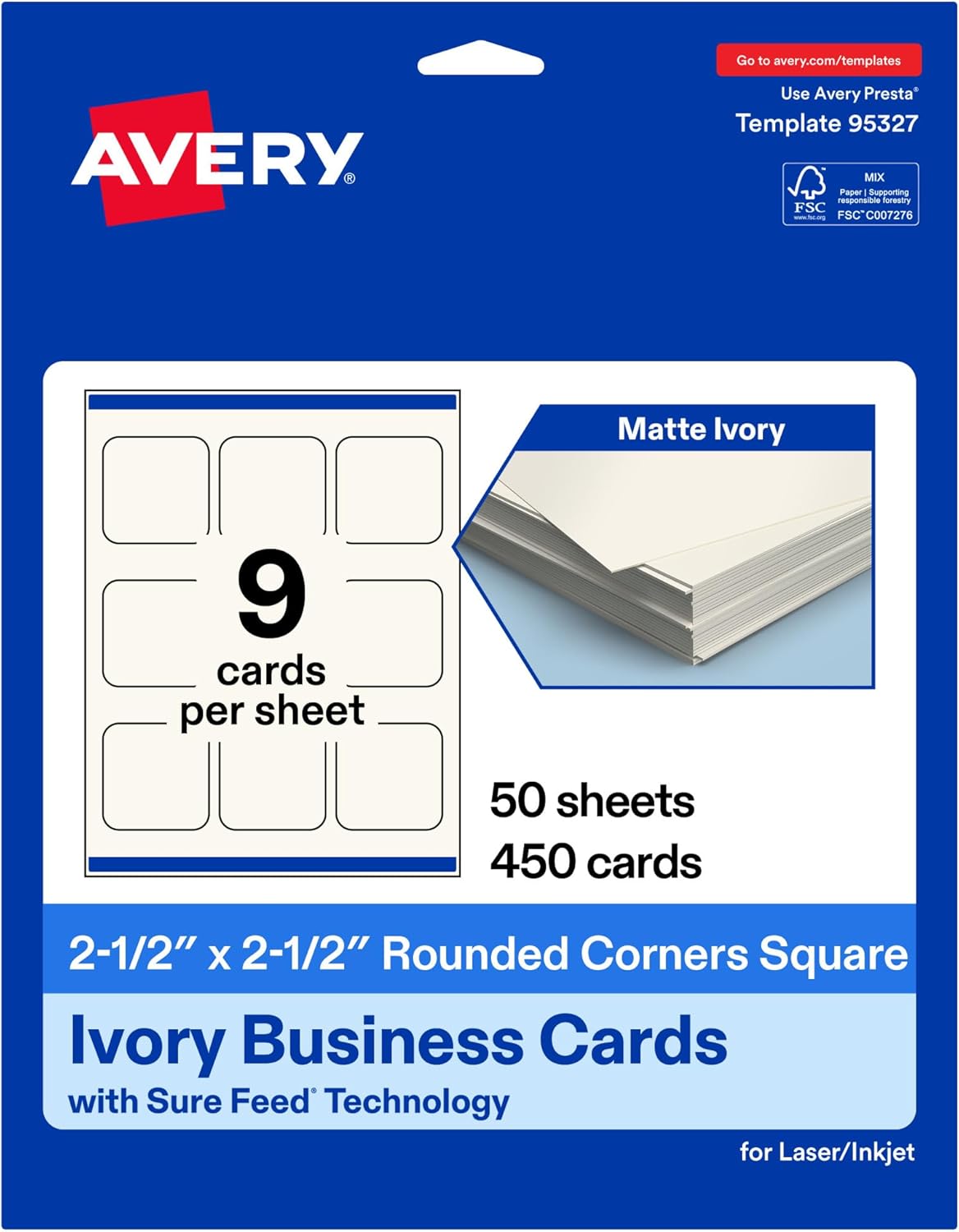 Avery Printable Square Rounded Corner Business Cards, Sure Feed Technology, 2-1/2" x 2-1/2", Matte Ivory Cardstock, Print-to-the-Edge, Laser/Inkjet, 450 Total