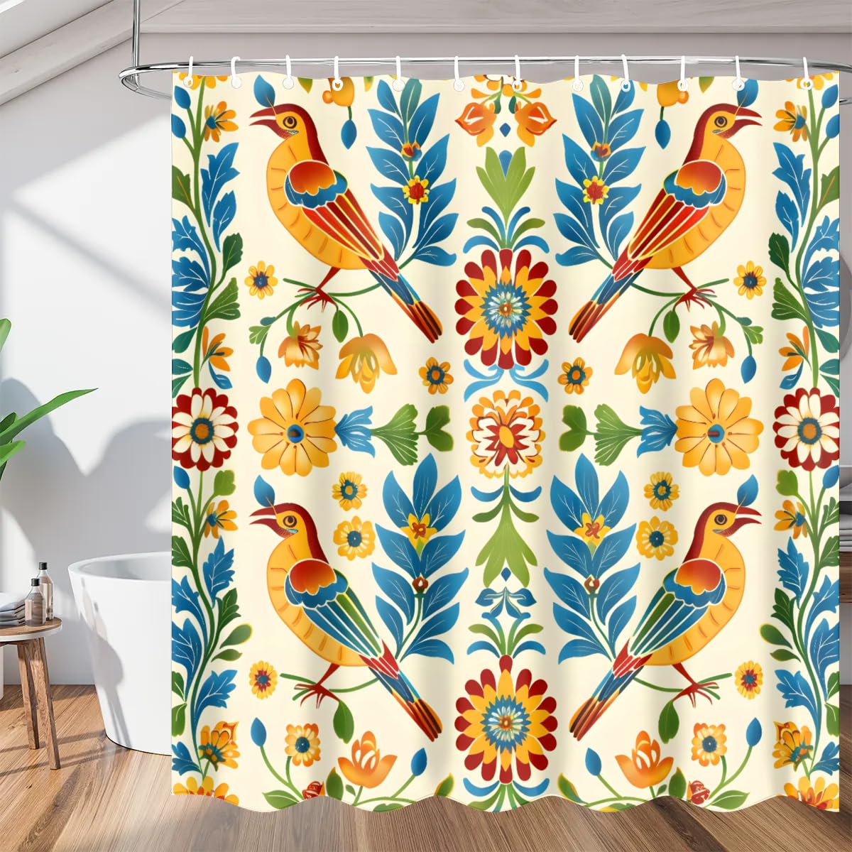 Tablerazzi Mexican Style Talavera Shower Curtain for Bathroom, Fabric Shower Curtain Waterproof Bird Flower Bath Curtain Sets for Home Decor, 66x72