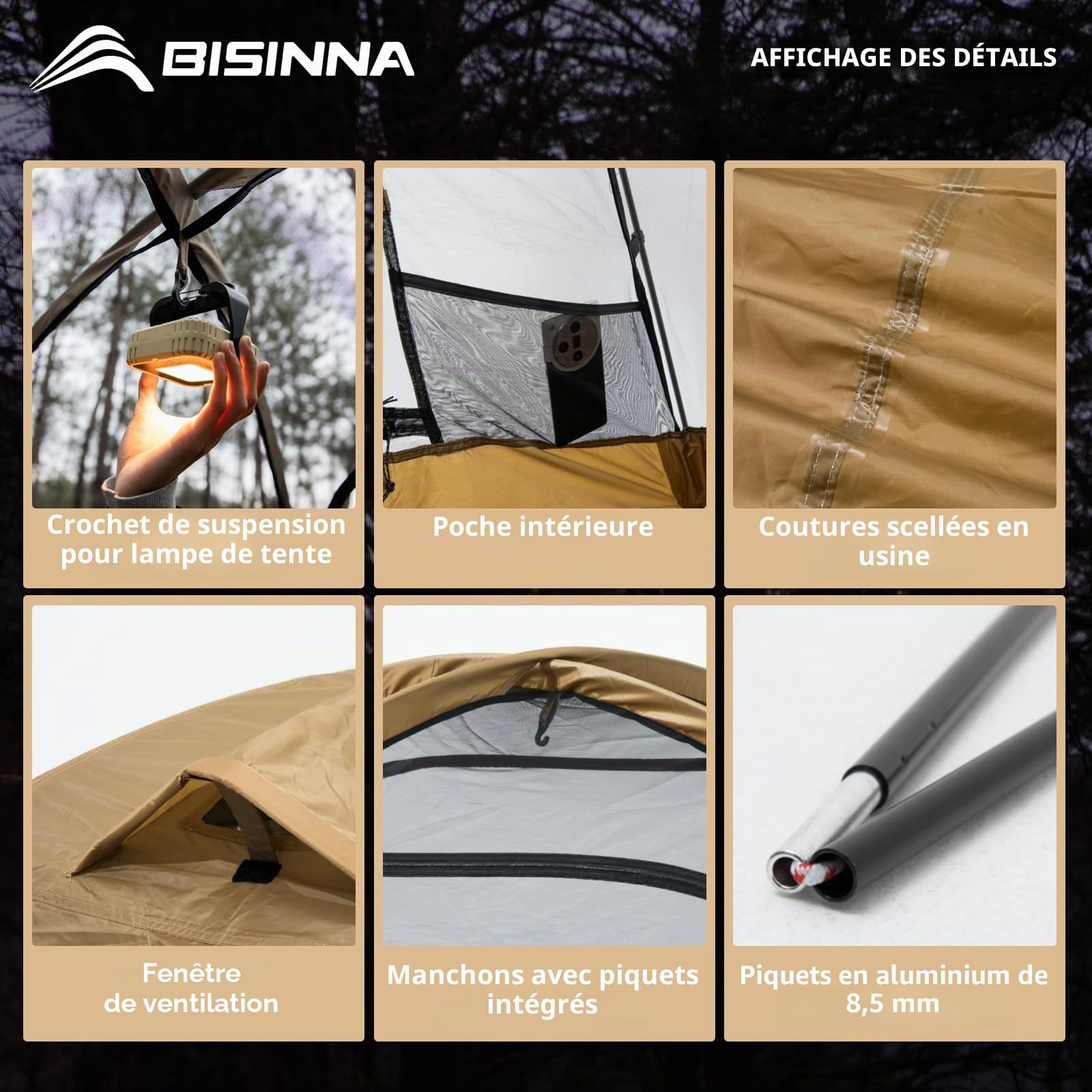 BISINNA Tente Dôme 2 Personnes 3-4 Saisons | Imperméable & Résistant au Vent | Ultraléger & Compact pour Camping, Randonnée, Festival