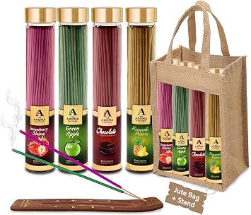The Aroma Factory Organic Incense Sticks Natural Aromatic Fragrances | Charcoal Free| Non Toxic | Hand Made Herbal Pooja Agarbatti, Combo of 4 x 100g Jute Gift Set Fruit Fusion