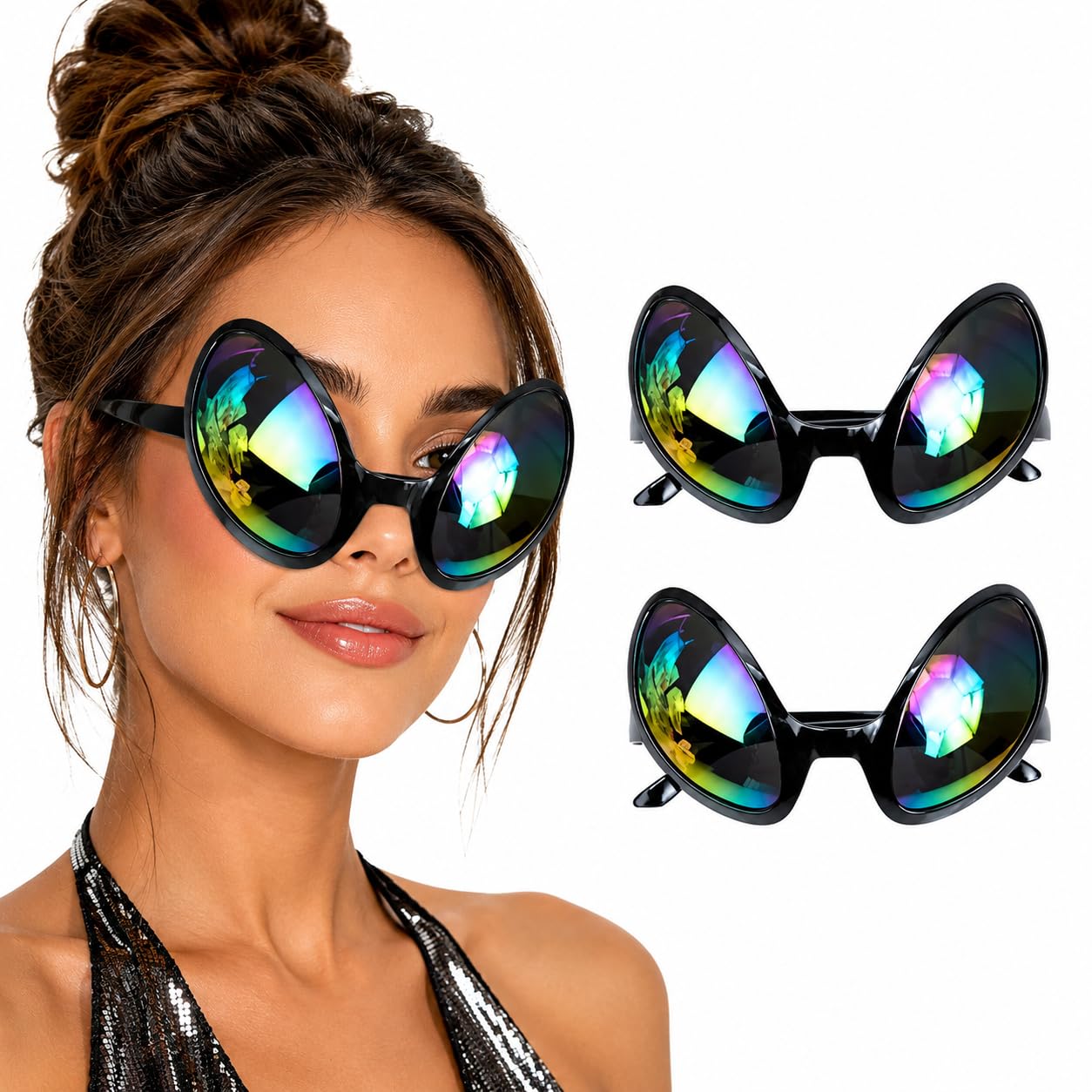 Beavorty 2pcs Funny Party Sunglasses, Novelty Aliens Glasses for Kids Adults, Cool Plastic Black Summer Eyewear, Quirky Fancy Dress Halloween Costume Cosplay Accessories Props