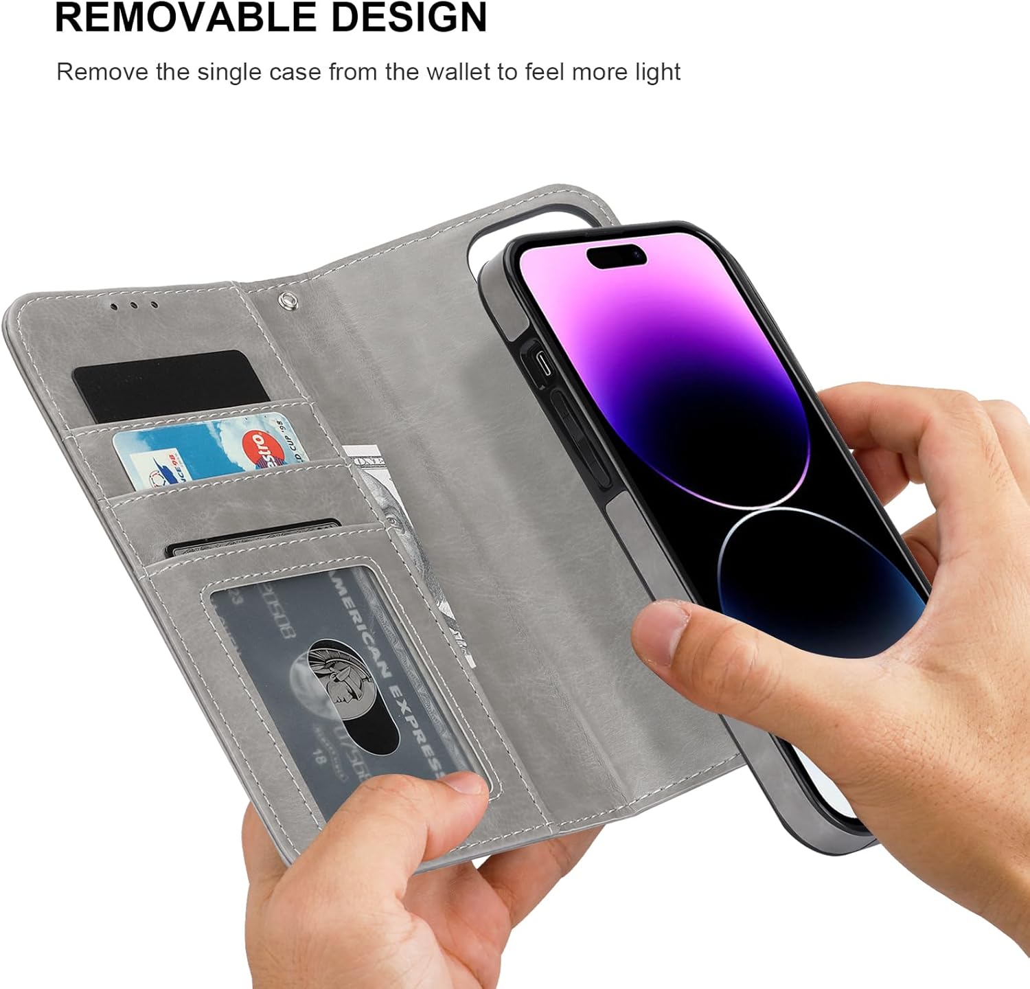 Bocasal Detachable Wallet Case for iPhone 14 Pro Max RFID Blocking Card Slots Holder Premium PU Leather Magnetic Kickstand Shockproof Wrist Strap Removable Flip Protective Cover 5G 6.7 inch (Grey)