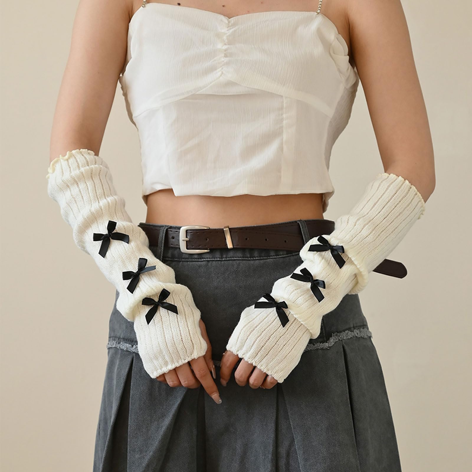 Y2K Ocieplacze na ramiona z kokardą, kawaii, urocze akcesoria dla dziewcząt, ocieplacze na ramiona Gyaru Harajuku, dzianinowe ocieplacze na nadgarstki, długie rękawy bez palców
