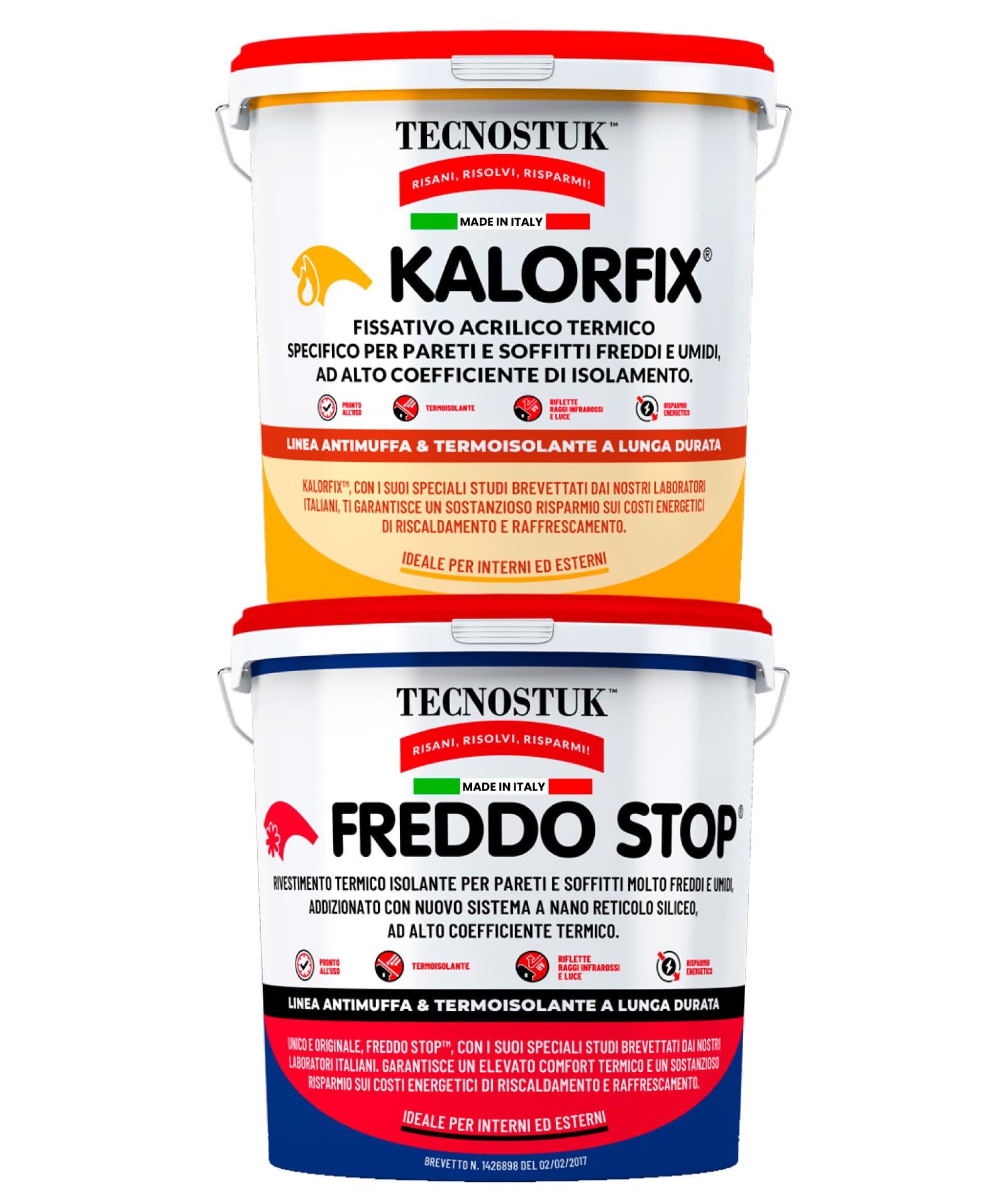 Eurocali Tecnostuk Freddo Stop Rivestimento Termico Traspirante Interni ed Esterni Termoisolante per Muri Freddi Umidi 2,5L + Kalorfix Fissativo Isolante Termico 1L - Made in Italy