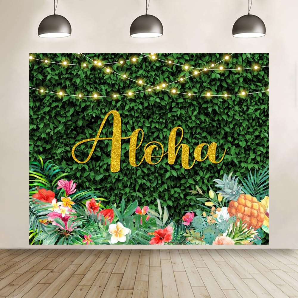 Aloha Backdrop 10x8ft Luau Birthday Party Backdrop Summer Tropical Hawaiian Party Banner Green Palm Leaves Pineapple Hawaii Background Supplies Baby Shower Party Decoration