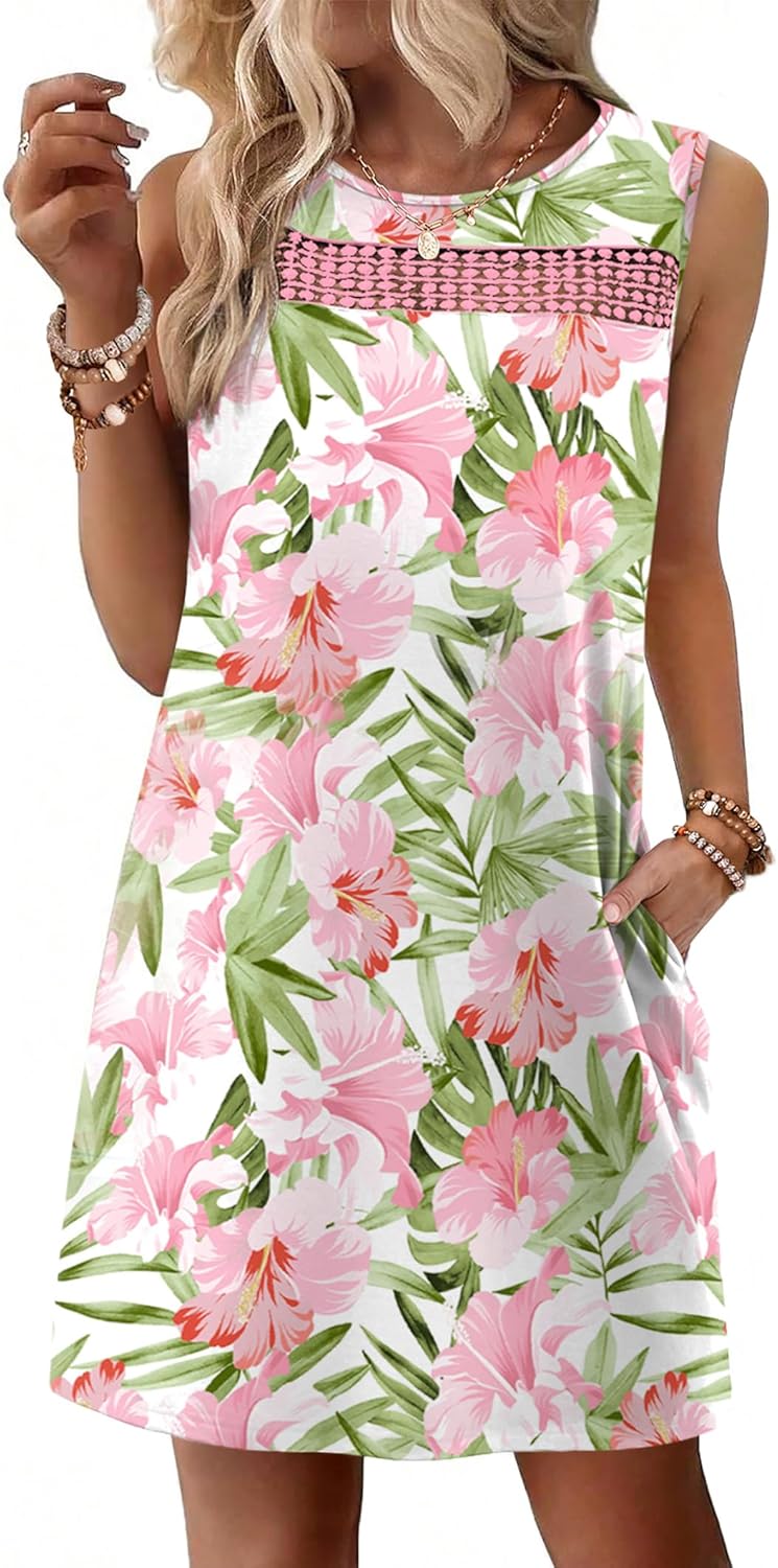 WIHOLL Summer Dresses for Women 2026 Beach Vacation Spring Fashion Clothing Lace Mini Tank Dress with Pockets