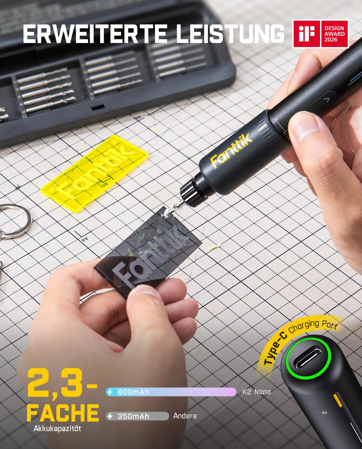 Fanttik K2 Nano 3,7 V Elektro-Mini-Bohrstift, Mini Bohrmaschine mit 20 Bohrern, 800-mAh-Akku, DIY Handbohrer Elektrisch Set für Gehäuse Kunststoff Harz Schmuckherstellung Leiterplatten Aluminiumbleche