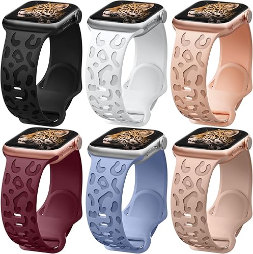 Paquete de 6 correas grabadas de leopardo compatibles con Apple Watch de 1.575 pulgadas, 1.496 pulgadas, 1.614 pulgadas, 1.732 pulgadas, 1.772