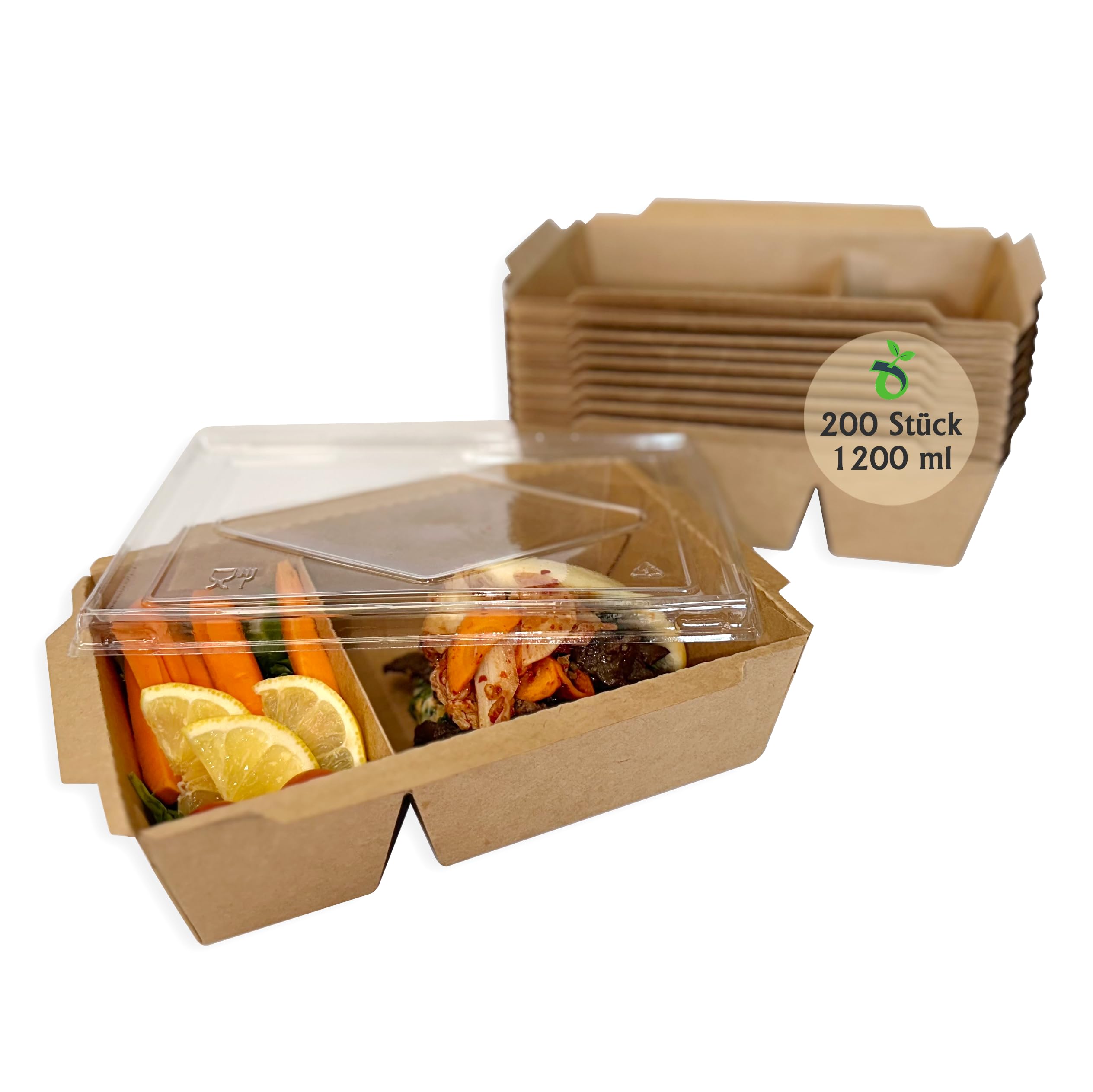Lanchbox in Carta Kraft con Coperchio Trasparente a 2 Scomparti 1200 ml - Confezione da 200 Pezzi | Scatole per Alimenti da Asporto, Contenitori Monouso per Cibo e Dolci
