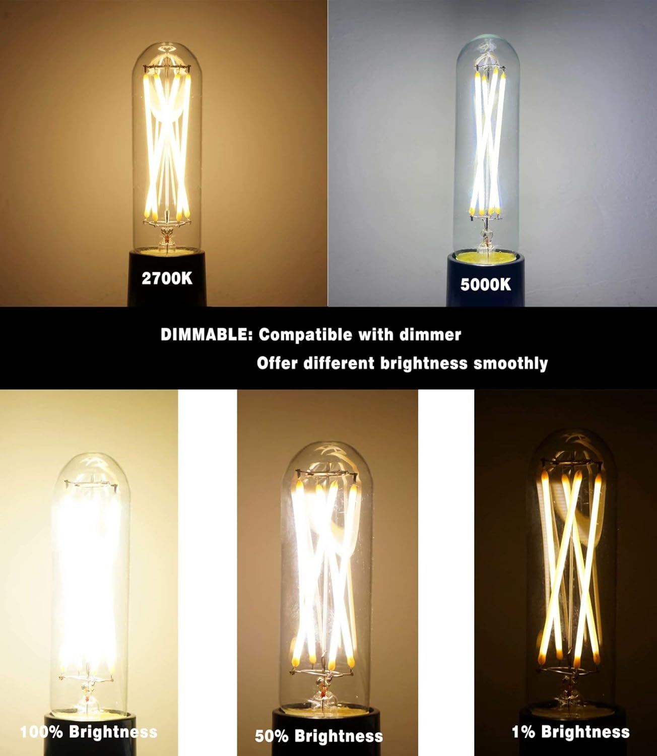 E26 Dimmable 6W T10(T30) Led Edison Bulb, 60 Watt Equivalent, Daylight 5000K Tubular Vintage Shape for Chandeliers, Wall scones, Pendant, 3 Pack, AC 120V