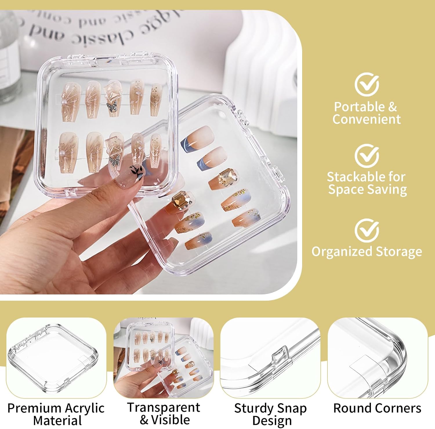 100 Kits Press on Nail Storage Box 3x3 Inch Clear Acrylic False Nail Packaging Cases with Double Sided Adhesive Tapes, Reusable Nail Organizer Display for Salon, Technicians, DIY Manicure Enthusiasts
