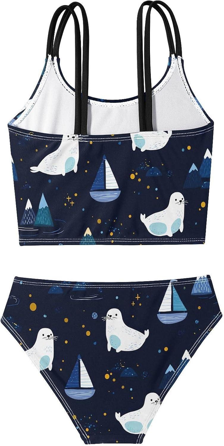 visesunny Girls Two Piece Swimsuits Seal Night Sailboat Girl's Bikini Sets Bathing Suits for Girls Size 5-12Y