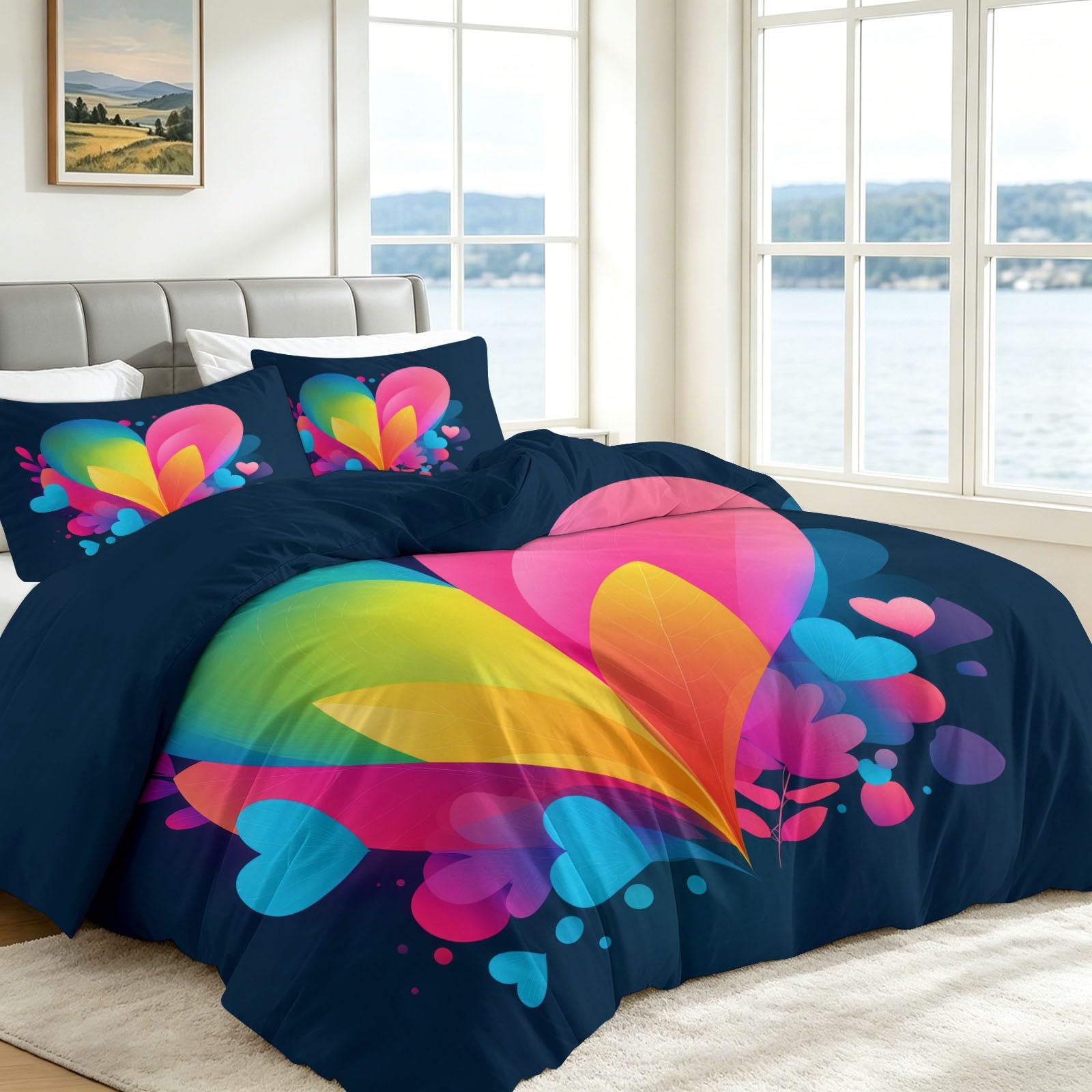 200 x 200 cm Poszwa na kołdrę Poliester Bawełna, Romans Gradient Love Zestaw Pościeli, Wzór 3D, Prezent dla dorosłych dla dzieci z 1 poszewką na kołdrę 2 poszewkami na poduszki, Granatowy