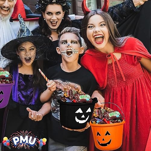 Miniatura 5 de PMU Cubo de Halloween Jack-O-Lantern para truco o trato, cesta de regalo para dulces para niños, cubos de plástico de calabaza con asa, decoración