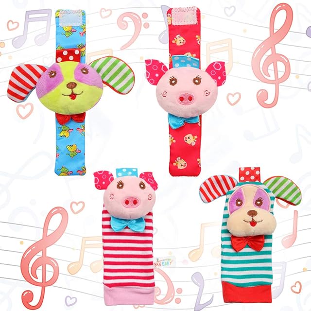 Acekid Baby Foot Rattle,4pcs Wrist Rattle and Socks Toys Set Toddler Soft Animal Toys Pig and Dog