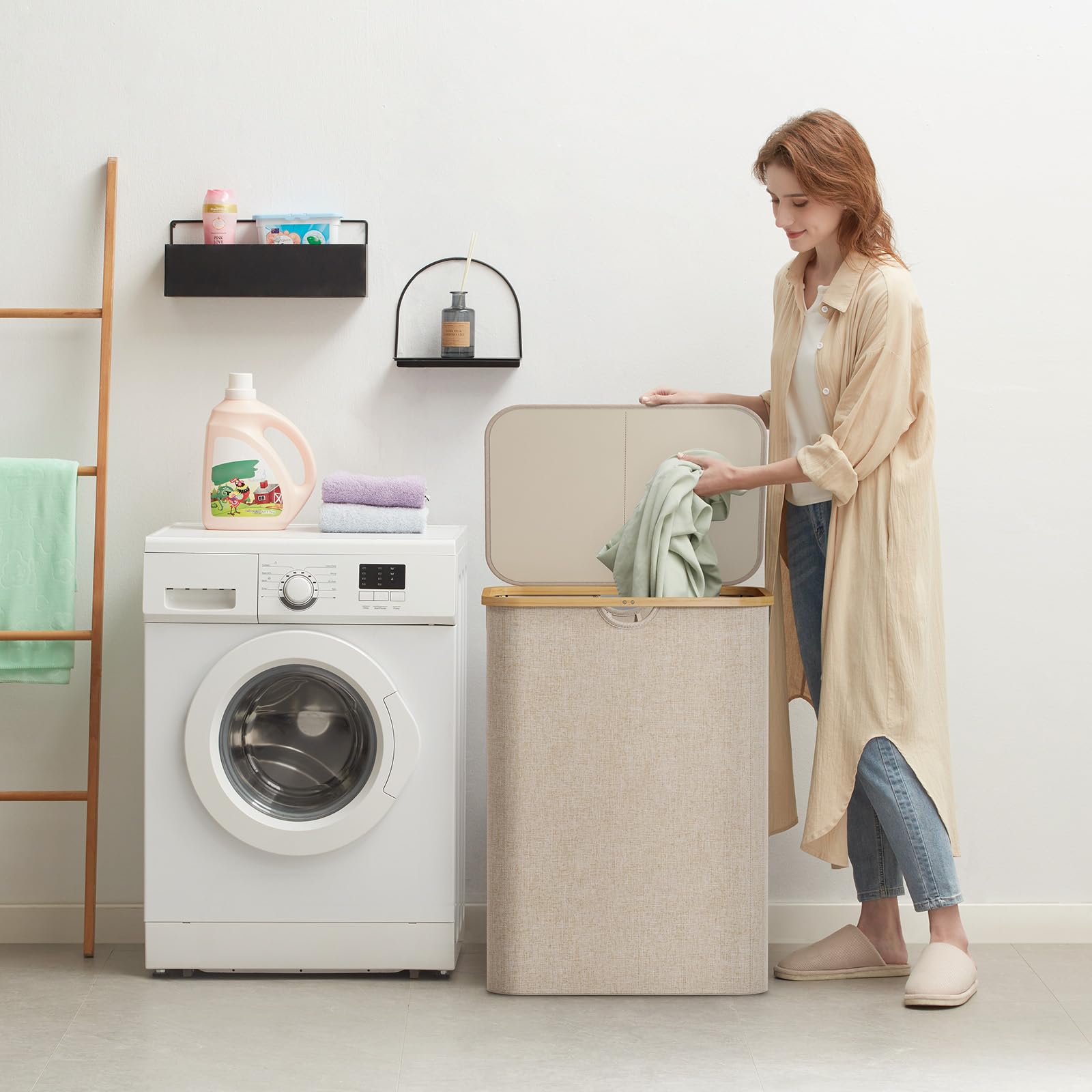Lifewit Wasmand 150 Liter Met Deksel & 3 Vakken - Opvouwbaar Met Bamboe Handgrepen & Uitneembare Zakken - Grijs