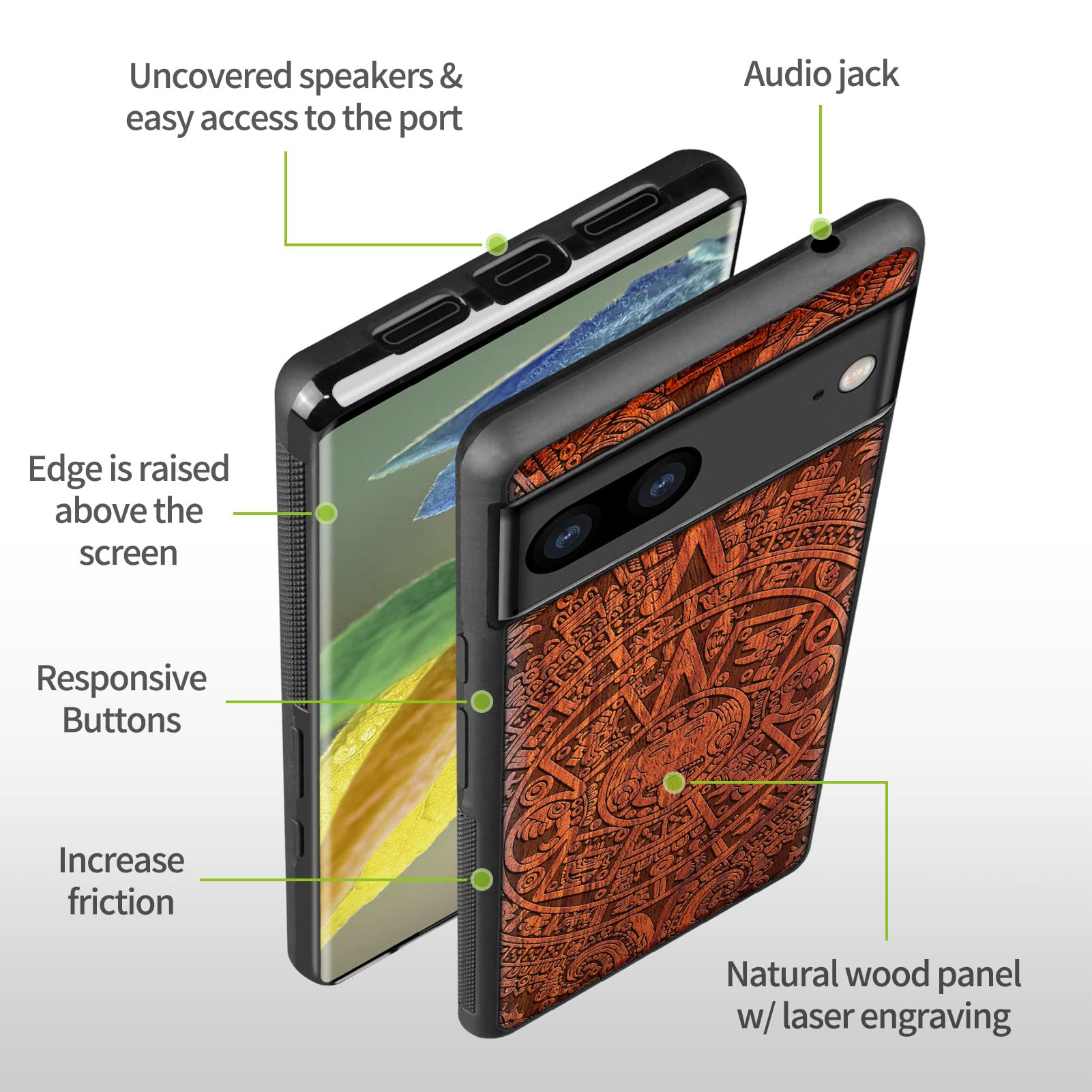 Carveit Cover In Legno Naturale Per Google Pixel 8 | Custodia Sottile Con Incisione Barca A Vela | TPU Morbido E Protettiva