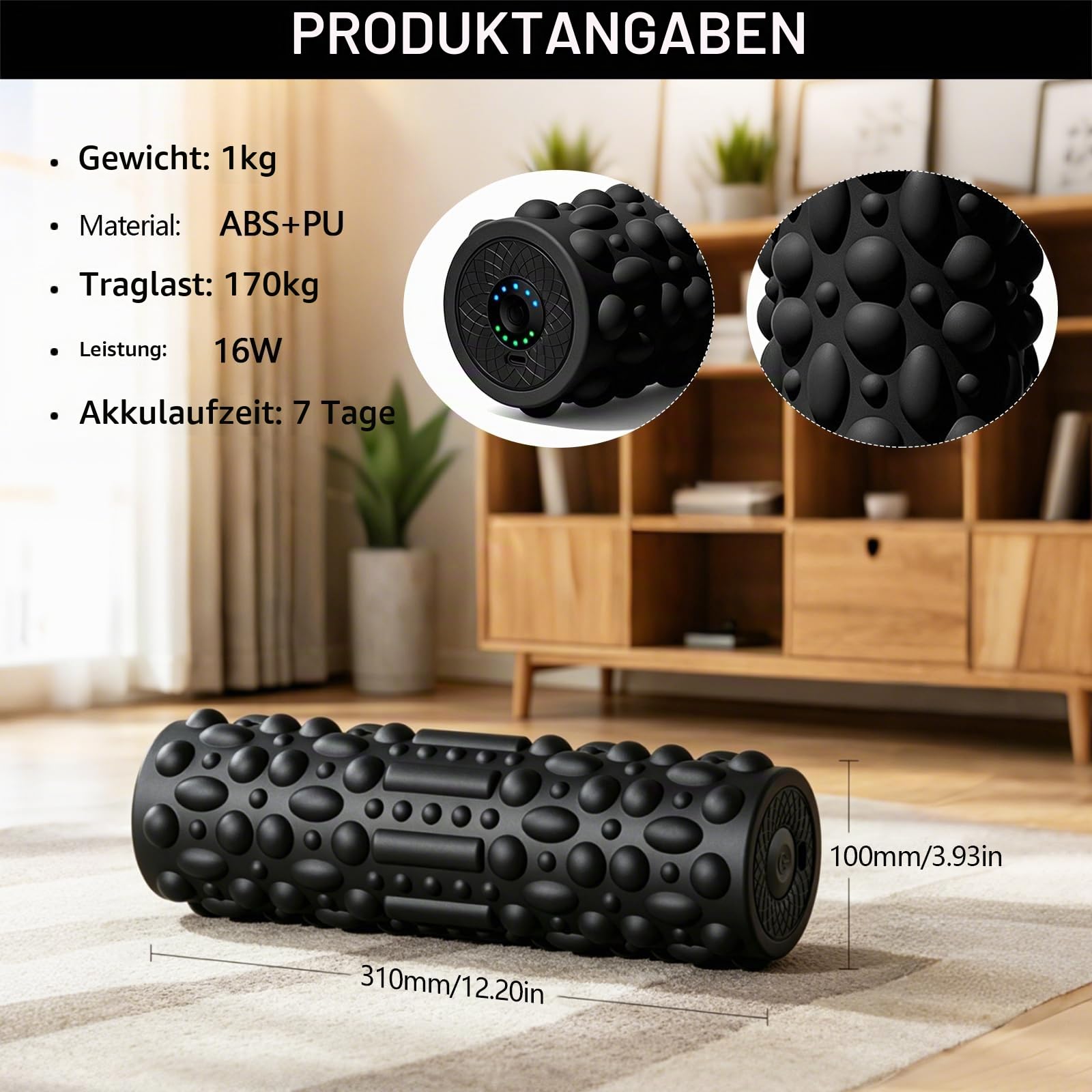 Elektrische Faszienrolle mit 5-stufiger Vibration Massagerolle Wiederaufladbare Fitnessrolle Muskelrolle Intensiver Tiefenvibration Foam Roller für Tiefes Gewebe