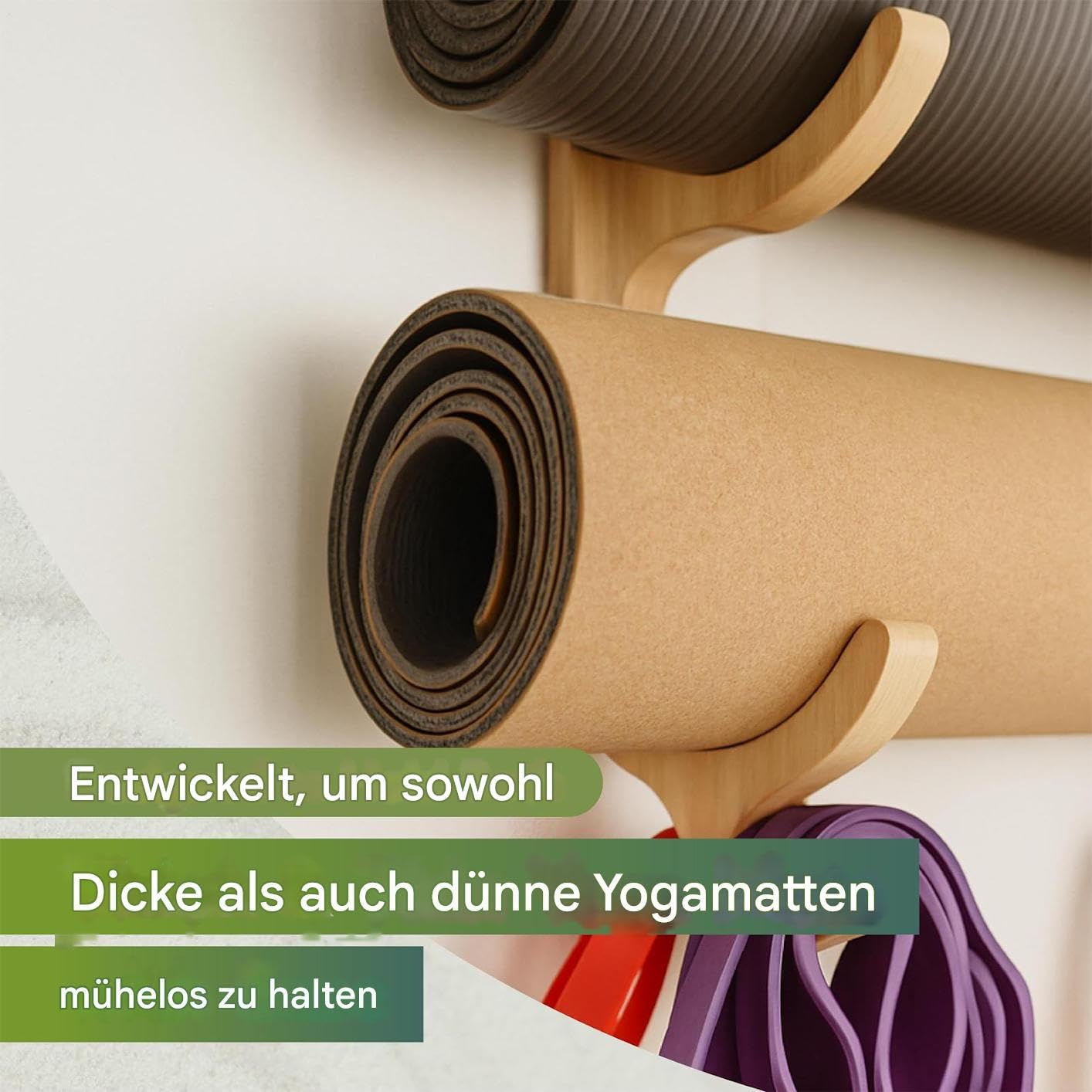 Yogamattenhalter - 1 Paar aus Holz mit 4 Haken - Yogamattenhalter Gestell für die Wand | Für Fitnessstudio Zuhause Wohnzimmer Apartment Schlafzimmer Widerstandsband Sprungseile