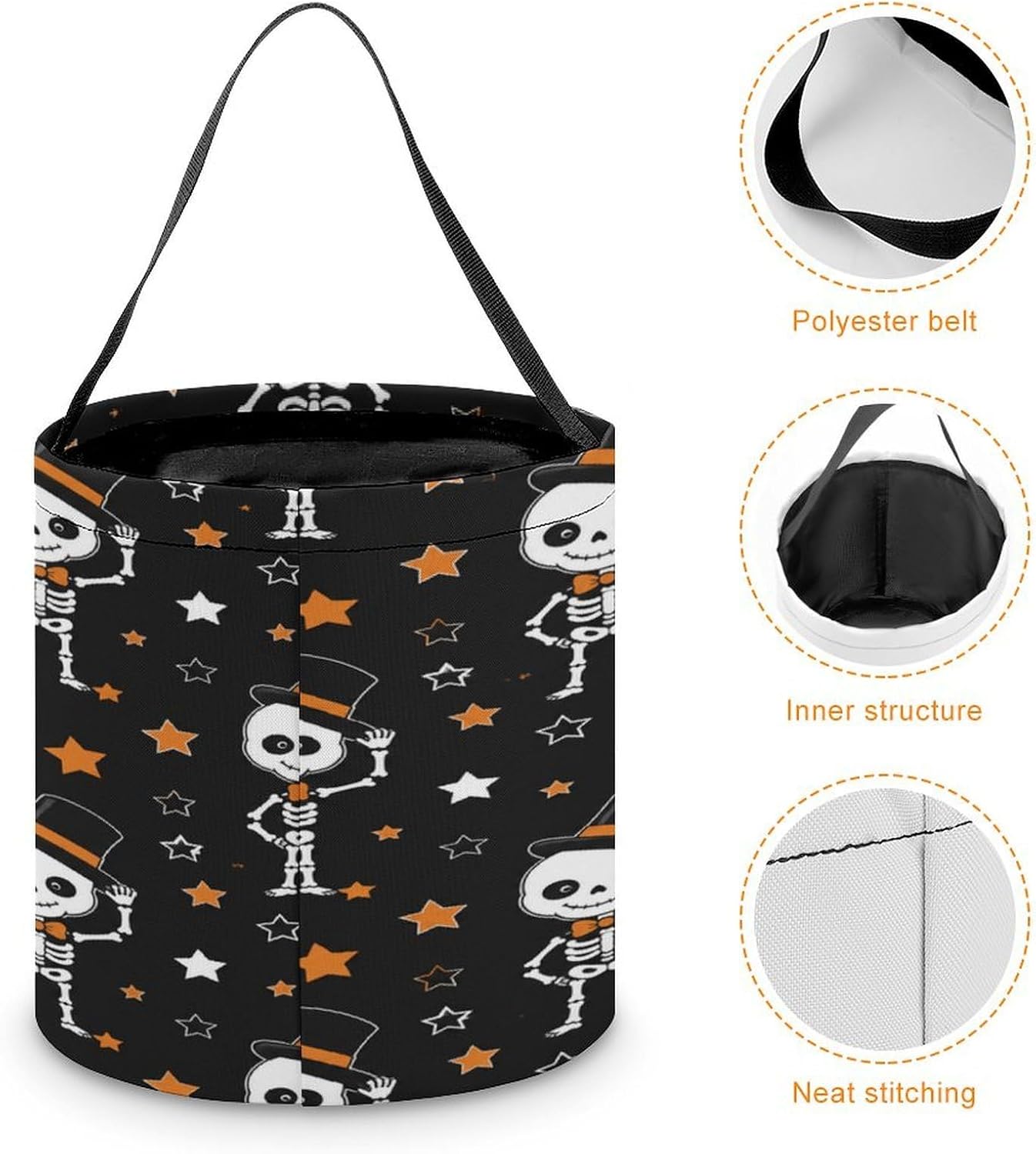 Hat Skeleton Halloween Trick Or Treat Bucket Candy Tote Hand‑held Pouch for Cosplay Theme Party Gift Storage image 4