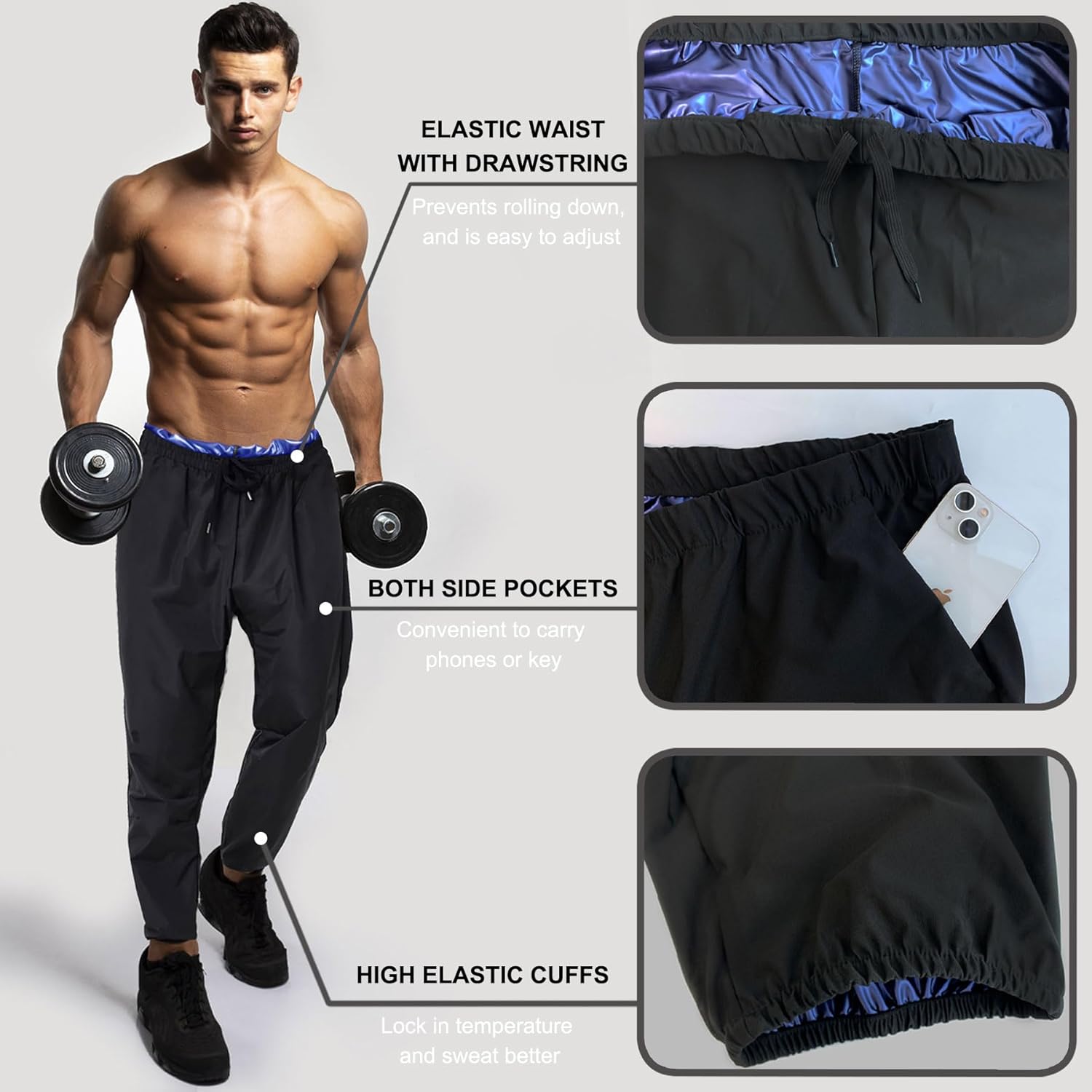 Sauna Shorts for Men Sweat Pants with Drawstring, Heat Trapping Sweat Shorts Sauna Suit for Men Workout Gym Exercise - Image 3