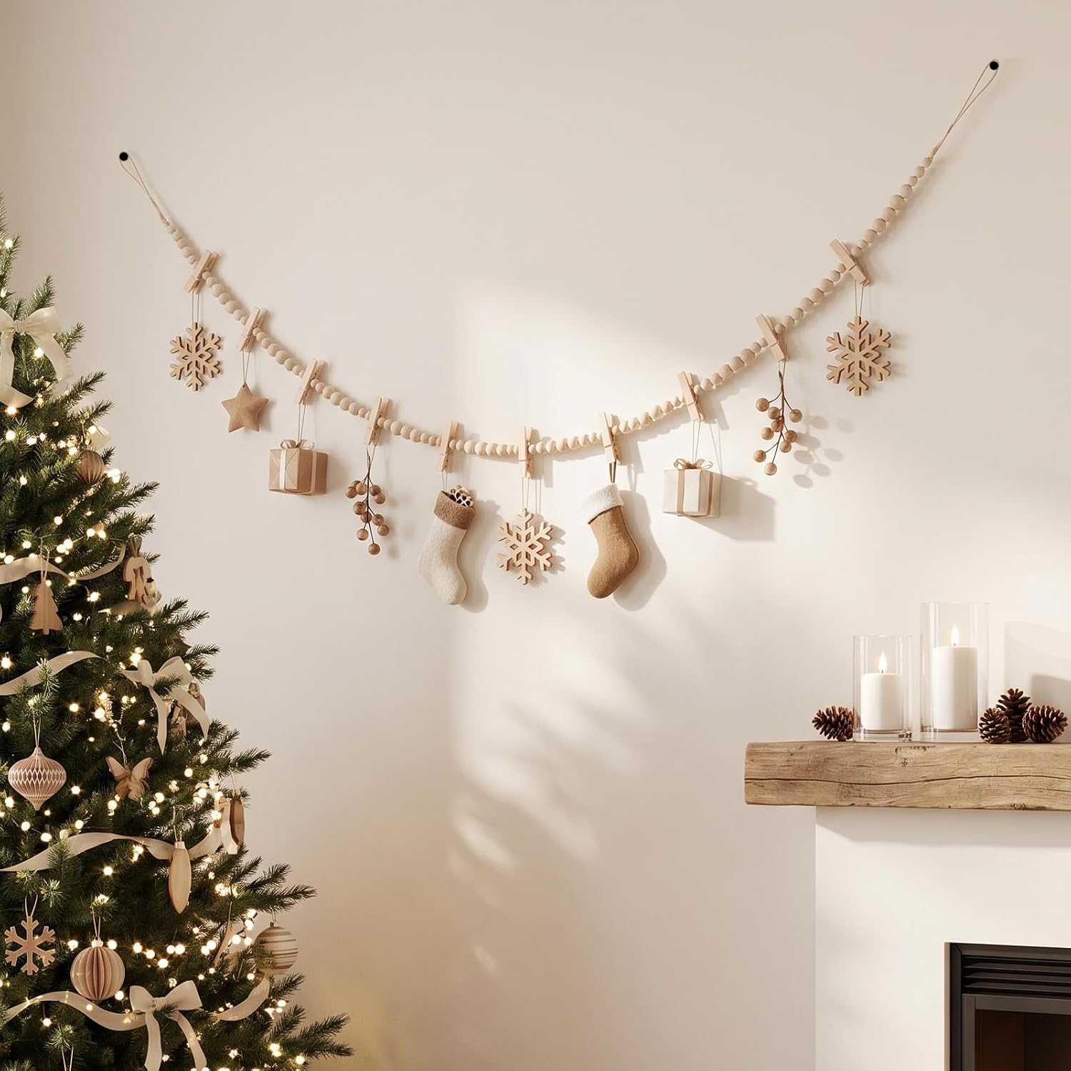 5PCS Hanging Photo Display Wall Decor, Boho Wooden Bead Garland Collage Picture Frame with 9 Wood Clips for Bedroom, Living Room, Office, Dorm Decor, Photos Holder Teen Girl Gifts image 4