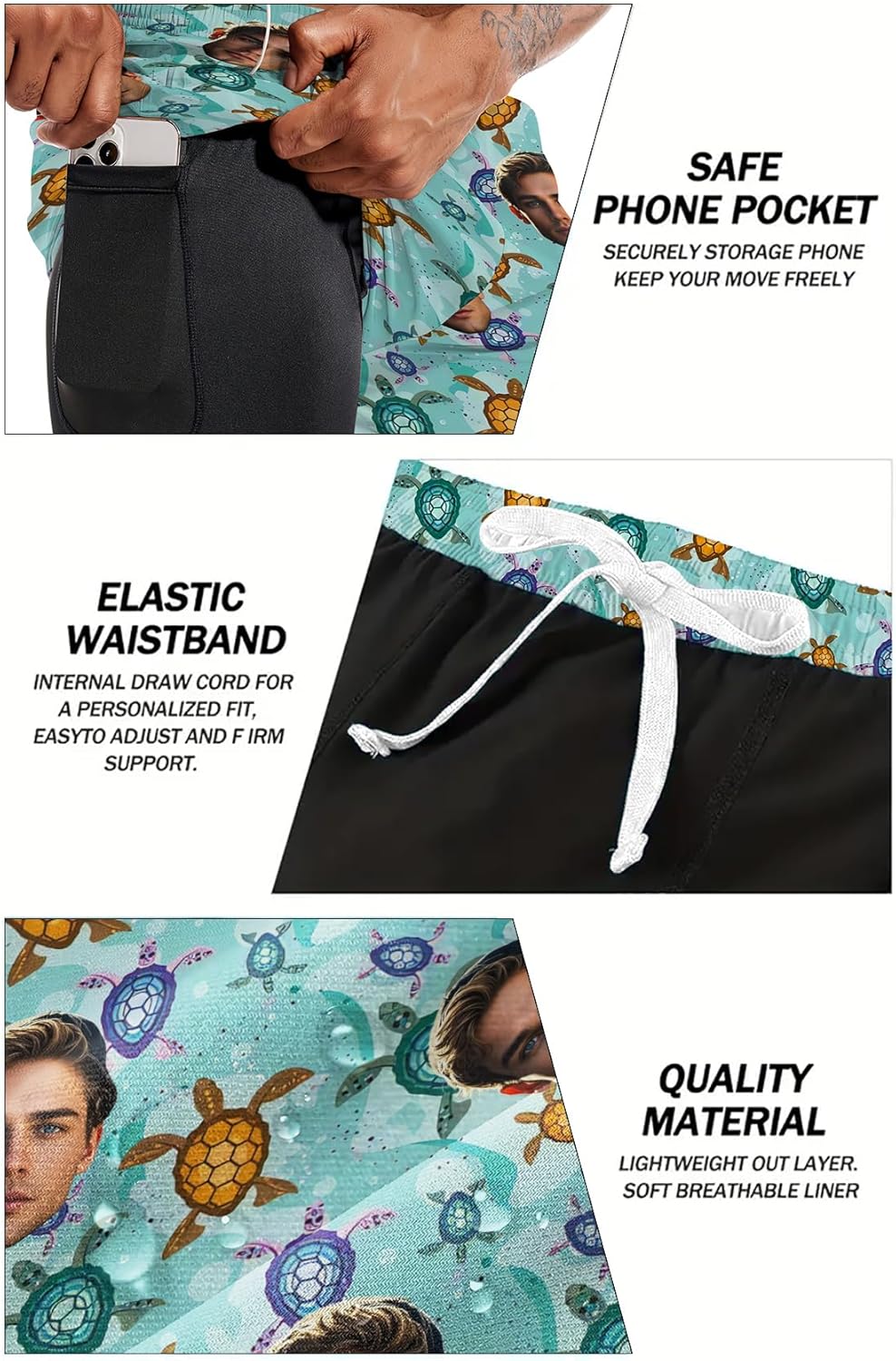 Custom Mens Swim Trunks 7" Personalized Board Shorts with Face Quick Dry Swimsuit Bathing Suit Compression Liner