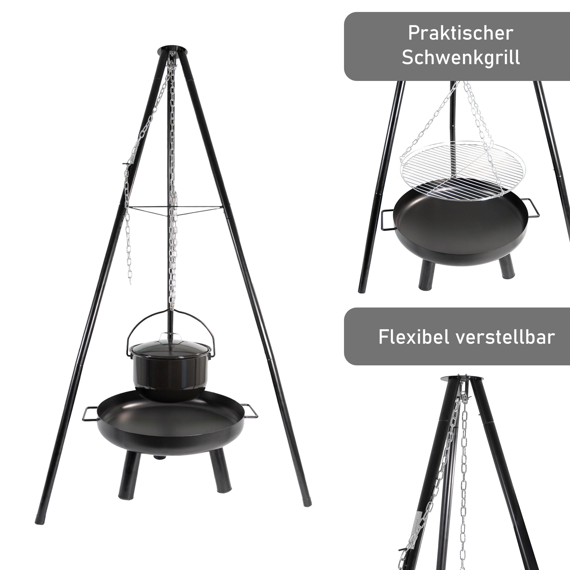LEMODO Schwenkgrill mit Feuerschale, Dreibein Grill mit Grillrost, Hängegrill mit Gulaschkessel, 3 Bein Grill für BBQ, Grillgestell für Gulaschtopf, Holzkohlegrill mit Zubehör
