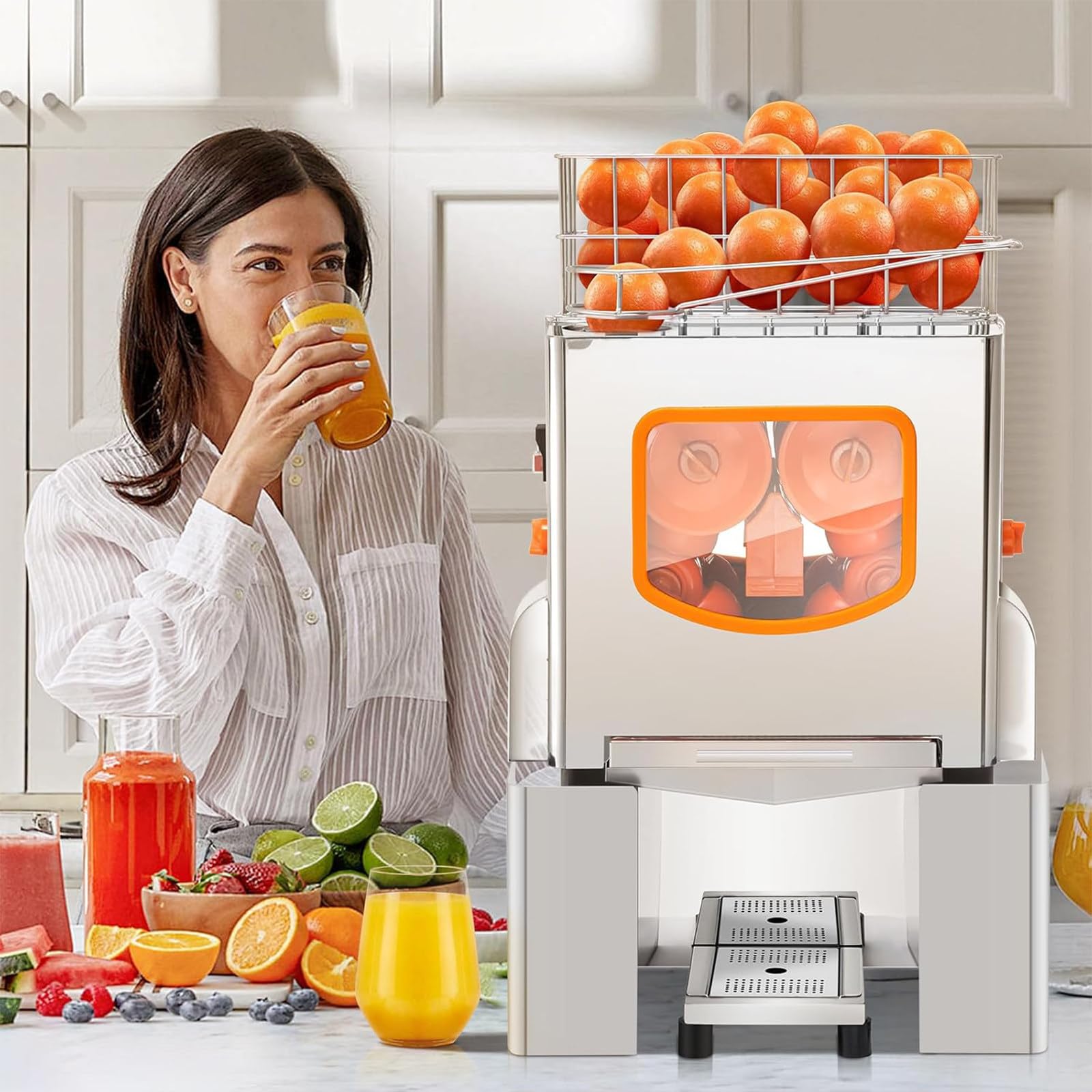 Exprimidor Eléctrico Cítricos - 30 naranjas/minuto en una hora funcionamiento continuo,2 bandejas limpieza barril e-xtraíbles y tapa seguridad PC,Exprimidor automático con separación cáscaras