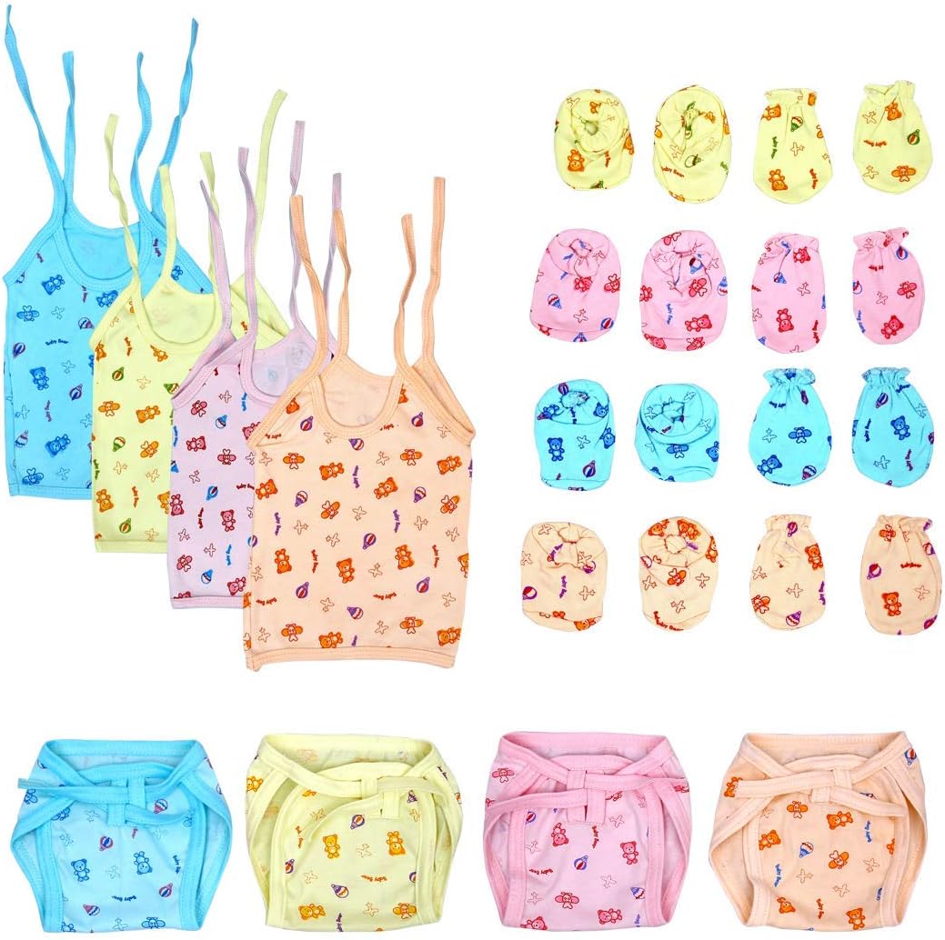 New Born Baby Care Cloth Set Combo (Pack Of 16, Jhabla, Nappy, Mittens And Booties, Hosiery Material, Random Printed (Multicolor) (Assorted), Medium