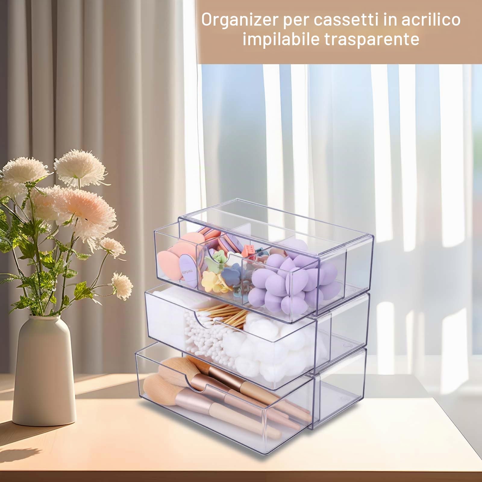 Mini organizer da bagno con cassetti, in acrilico, impilabile, trasparente, per comò, lavabo, bagno, armadietto a specchio interno