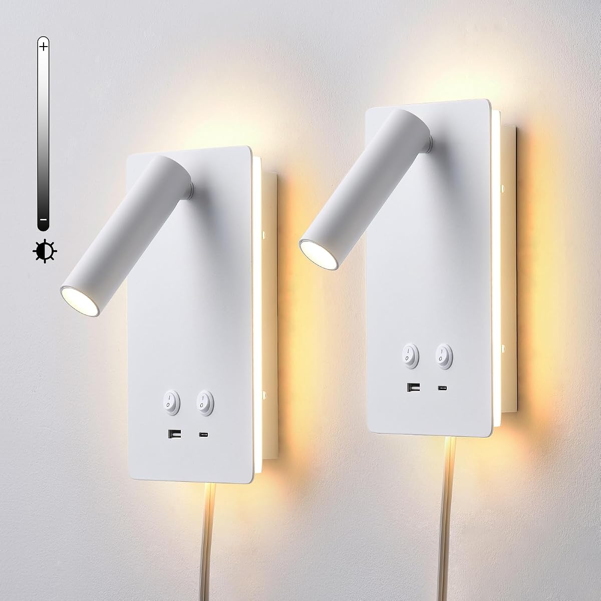 MOLUOLA Dimmable Wall Mounted Reading Light, LED with USB C+A Ports, 2 Pack,