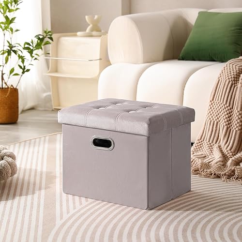 Miniatura 81 de PRANDOM Otomana con almacenamiento [1 unidad] Taburete cuadrado pequeño de terciopelo plegable con tapa para sala de estar, dormitorio, mesa de
