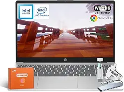 HP Computador portátil Chromebook 2025, processador Intel Quad-Core N200, ecrã antirreflexo HD de 15,6 polegadas, 8 GB de RAM, 64 GB de armazenamento (64 GB eMMC 256 GB MSD), gráficos UHD, Wi-Fi 6