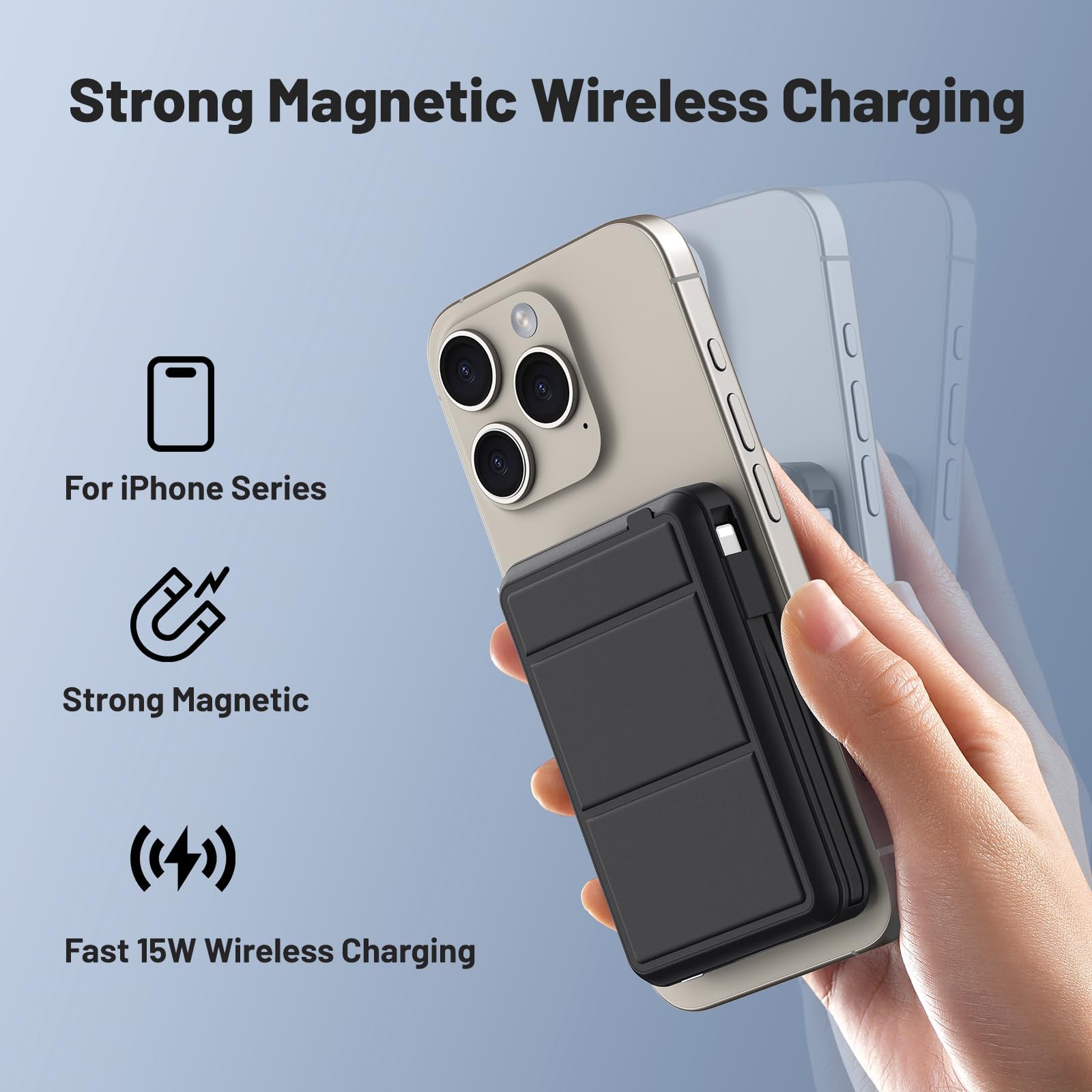 Azmuth for Mag-safe Power Bank, 10000mAh Magnetic Battery Pack 20W PD Fast Charging with USB-C Cable LED Wireless Portable Charger with Stand for iPhone 17/16/15/14/13/12/Pro/Max(Black) — view 2