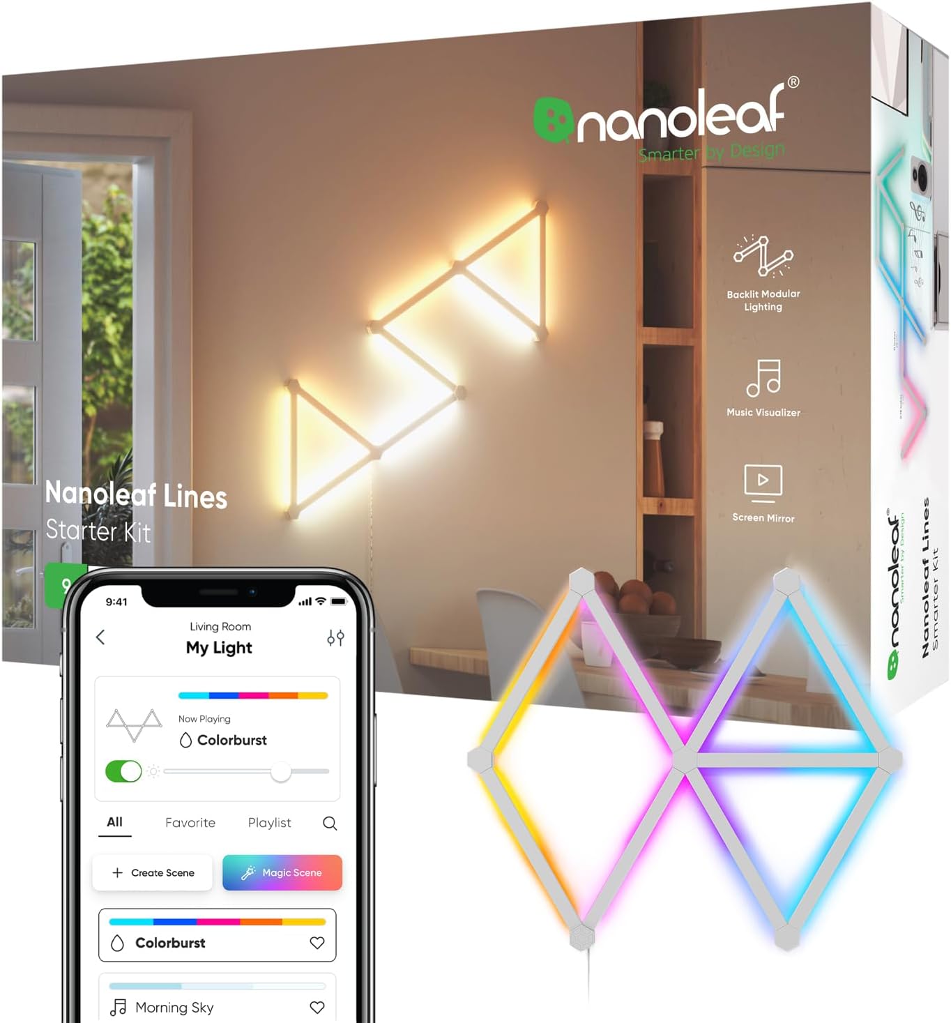 Lines 60 Degrees Starter Kit, 9 Smart Light Bars LED RGBW - Backlit Modular Wi-Fi Colour Changing Wall Lights, Music & Screen Sync, Works with Alexa Google Assistant Apple Homekit, Room Decor