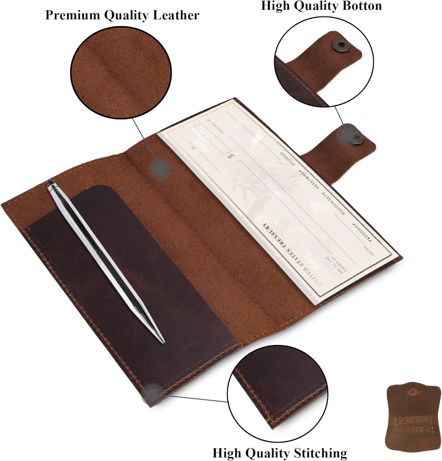 Distressed Leather Checkbook Cover with Pen Holder, Executive Leather Checkbook Wallet for Men Women Slim Vintage Bifold Checkbook Register Organizer for Personal Business Use (Brown) - Image 4
