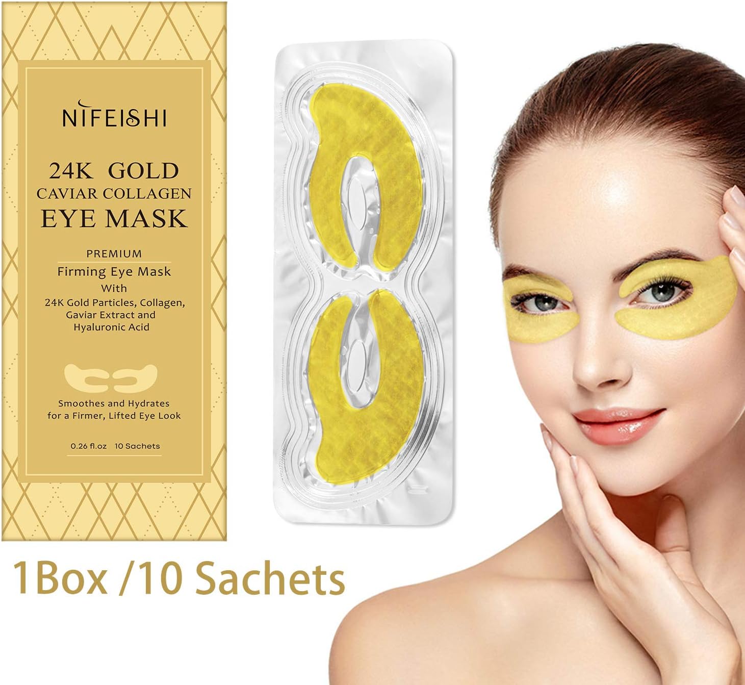 Under Eye Mask Collagen Eye Patches 24k Gold Eye Gel Pads for Puffy Eyes, Bags, Dark Circles,Hydrating Natural Anti Aging Face Pads,Treatment for Men & Women,Brighten, Depuff, Firm (10-Pack)