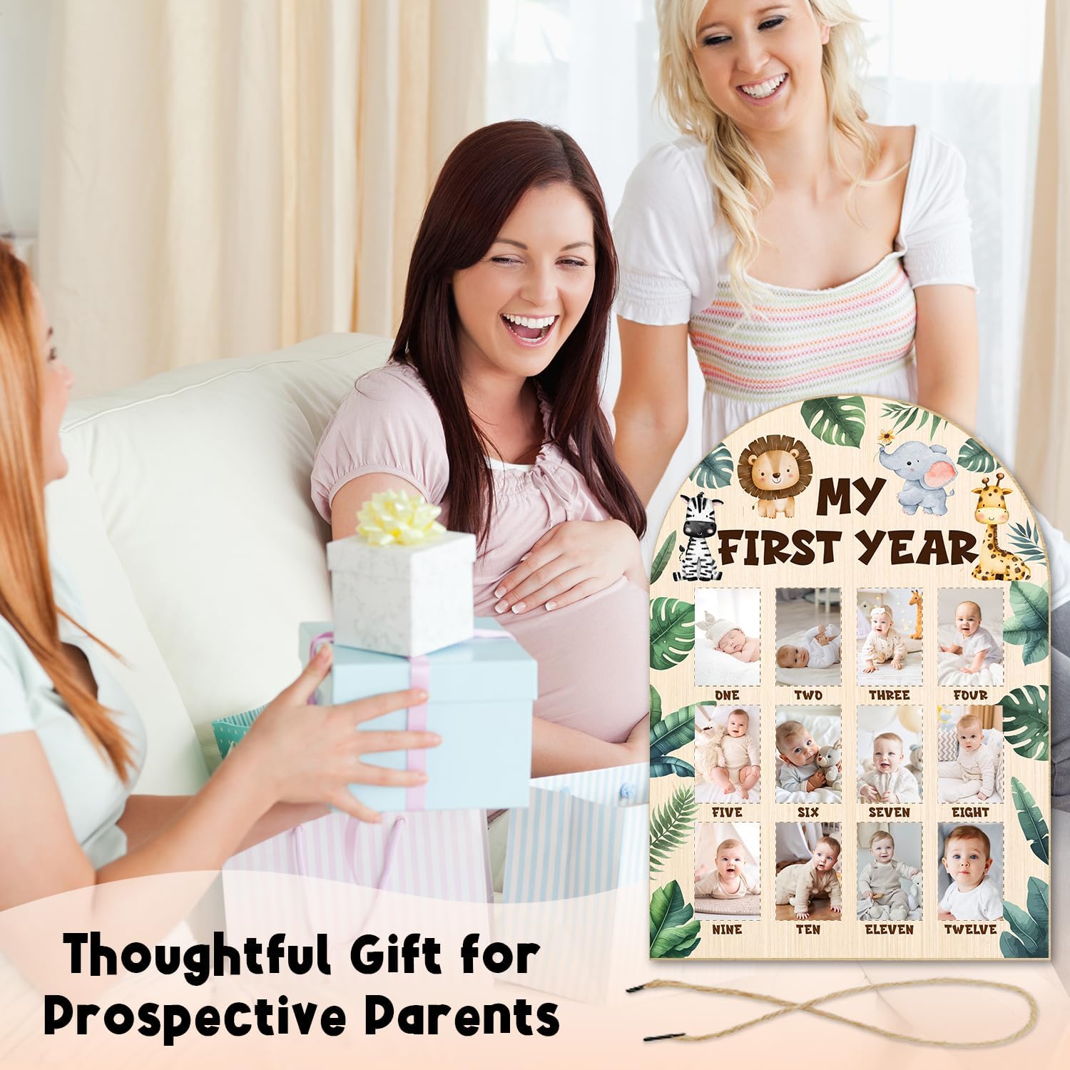 Jungle Animals My First Year Photo Board - Newborn 12 Months Milestone Wooden Photo Board, First Birthday Decorations, Baby Keepsake Gift Supply (Fit 2x3in Pic) -08