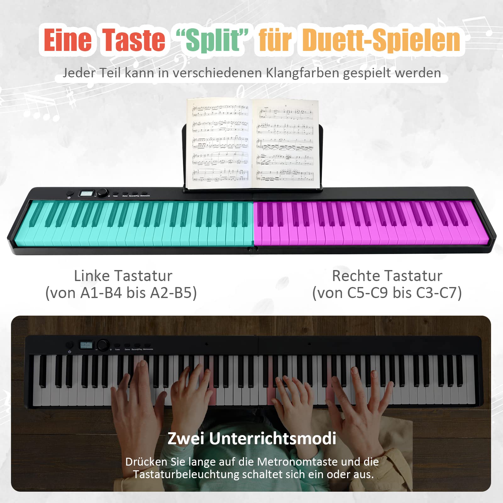 DREAMADE 88 Tastatur Keyboard mit Notenständer, Pedal, LCD-Display & LED-Licht Lehrfunktion, Klappbar & Tragbar E-Piano für Kinder und Anfänger (Schwarz)