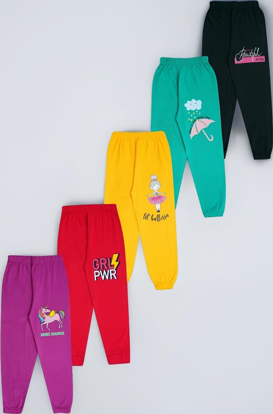 KYDA KIDS® Girls 100% Pure Cotton Printed Track Pants | Elastic Waist Loose Fit Casual Summer Wear | Soft Comfortable Kids Trousers Multicolor Combo (Pack of 5)