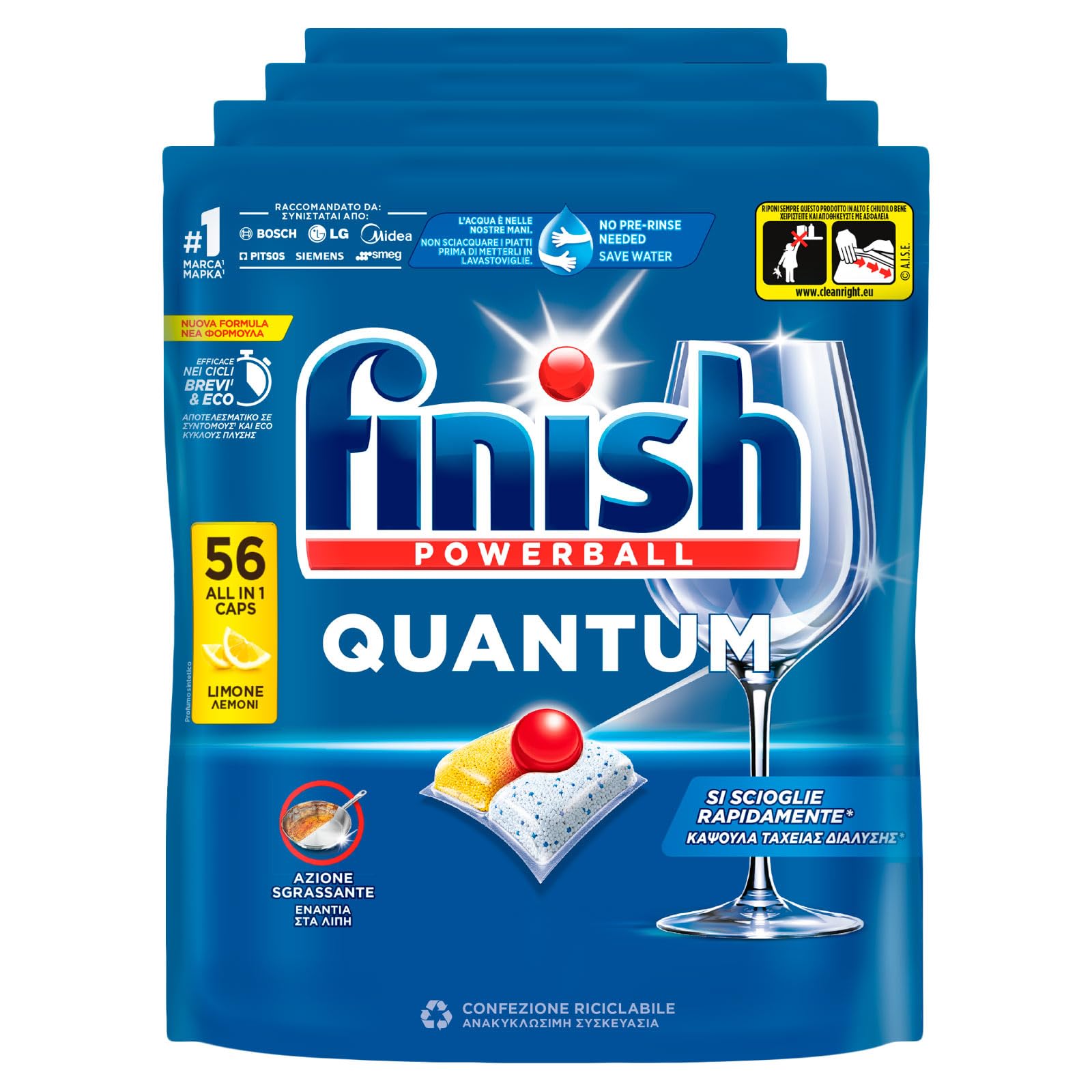 Finish Powerball Quantum 224 Pastiglie Capsule Limone Detersivo Lavastoviglie Azione Sgrassante Pulizia Brillantezza Efficace Contro Corrosione e Aloni - 4 Confezioni da 56 Tabs