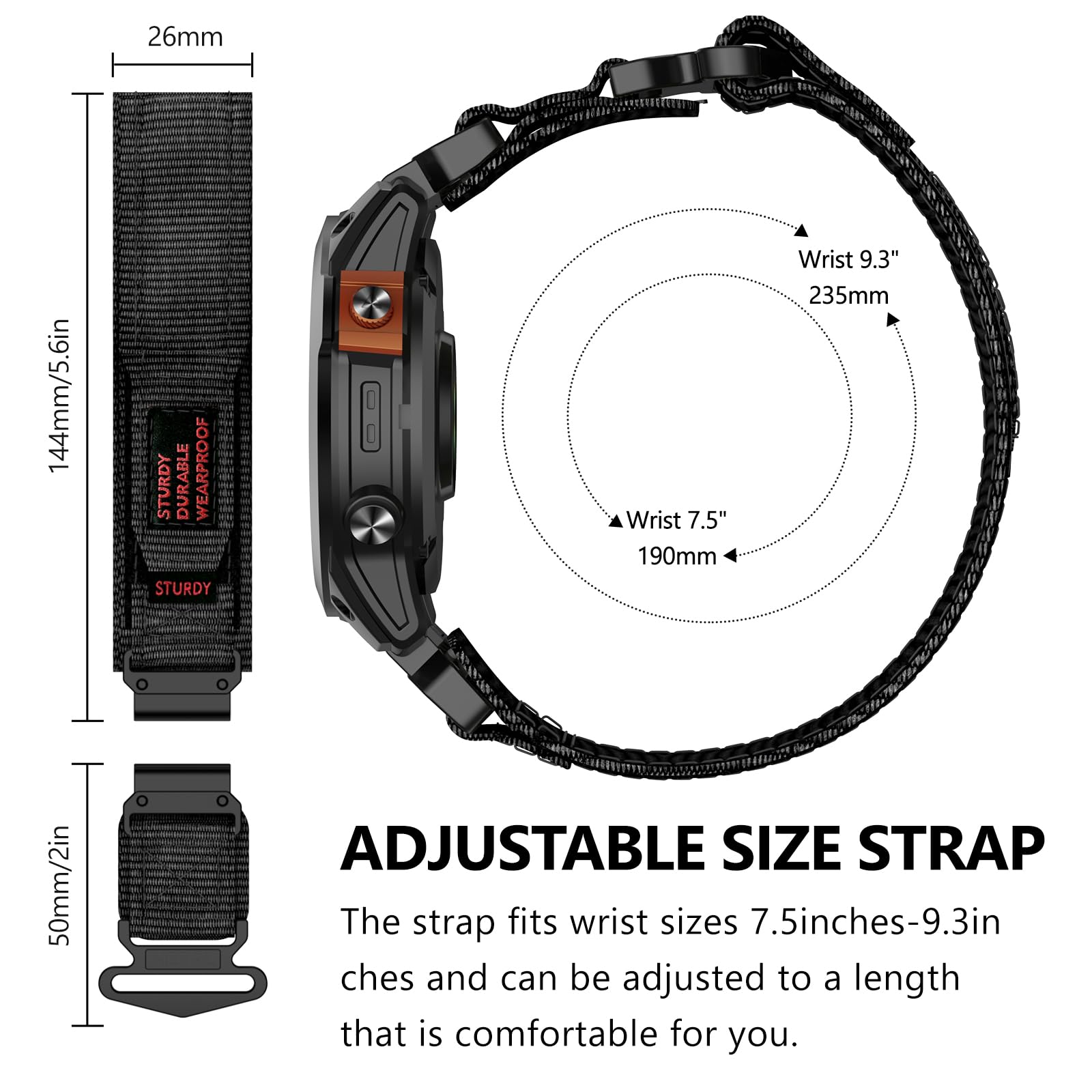 MYSNBKN 26mm Quick Fit Nylon Strap for Fenix 8 51mm/Fenix 7X Pro/Fenix 7X/Fenix 6X/Fenix 6X Pro/Fenix 5X/Fenix 5X Plus/Fenix 3/Fenix 3 HR - Image 3