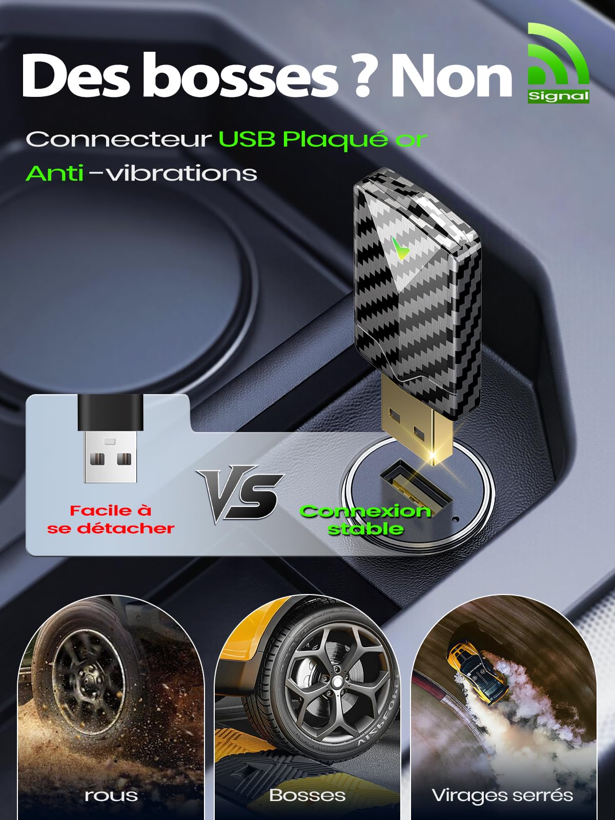 Mini Adaptateur CarPlay sans Fil & Android Auto sans Fil, Fibre de Carbone, Métal USB-A/C, Version Stable, Plug & Play, Voitures 2016+, Compatible avec Apple iPhone (iOS 10+) et Android 10+