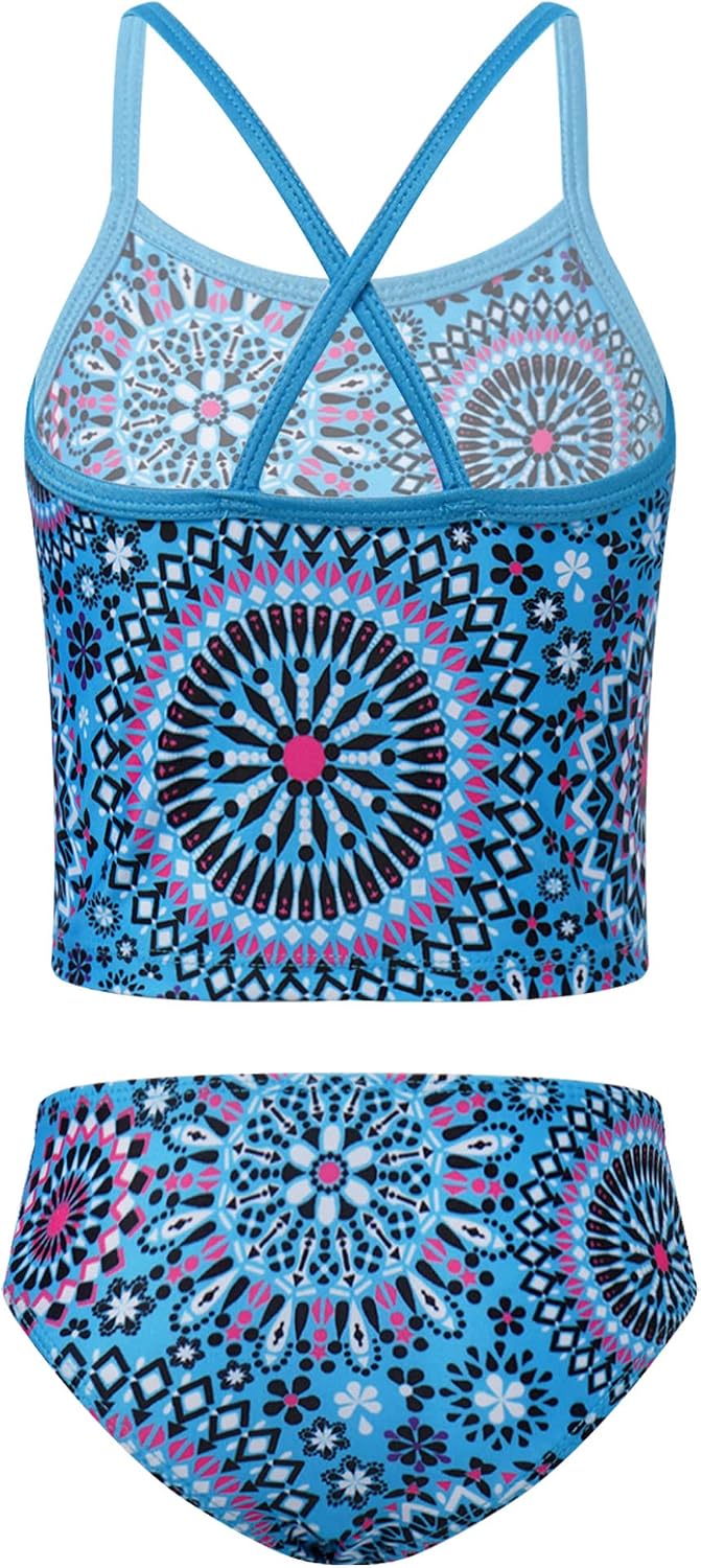 Kids Girls Summer 2 Pieces Ethnic Tankini Swimwear Set Bathing Suit Criss Cross Straps Swimsuit