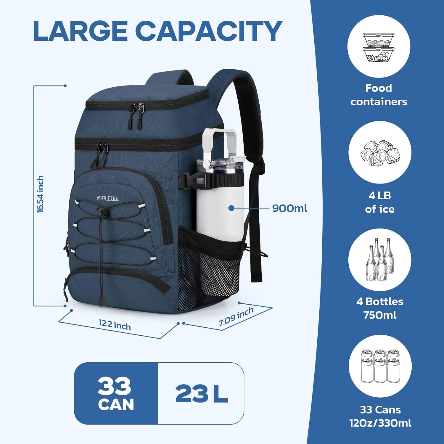 Realcool Backpack Cooler，33 Cans Insulated Leakproof Soft Cooler Bag Lightweight Camping Beach Lunch Backpack for Men Women