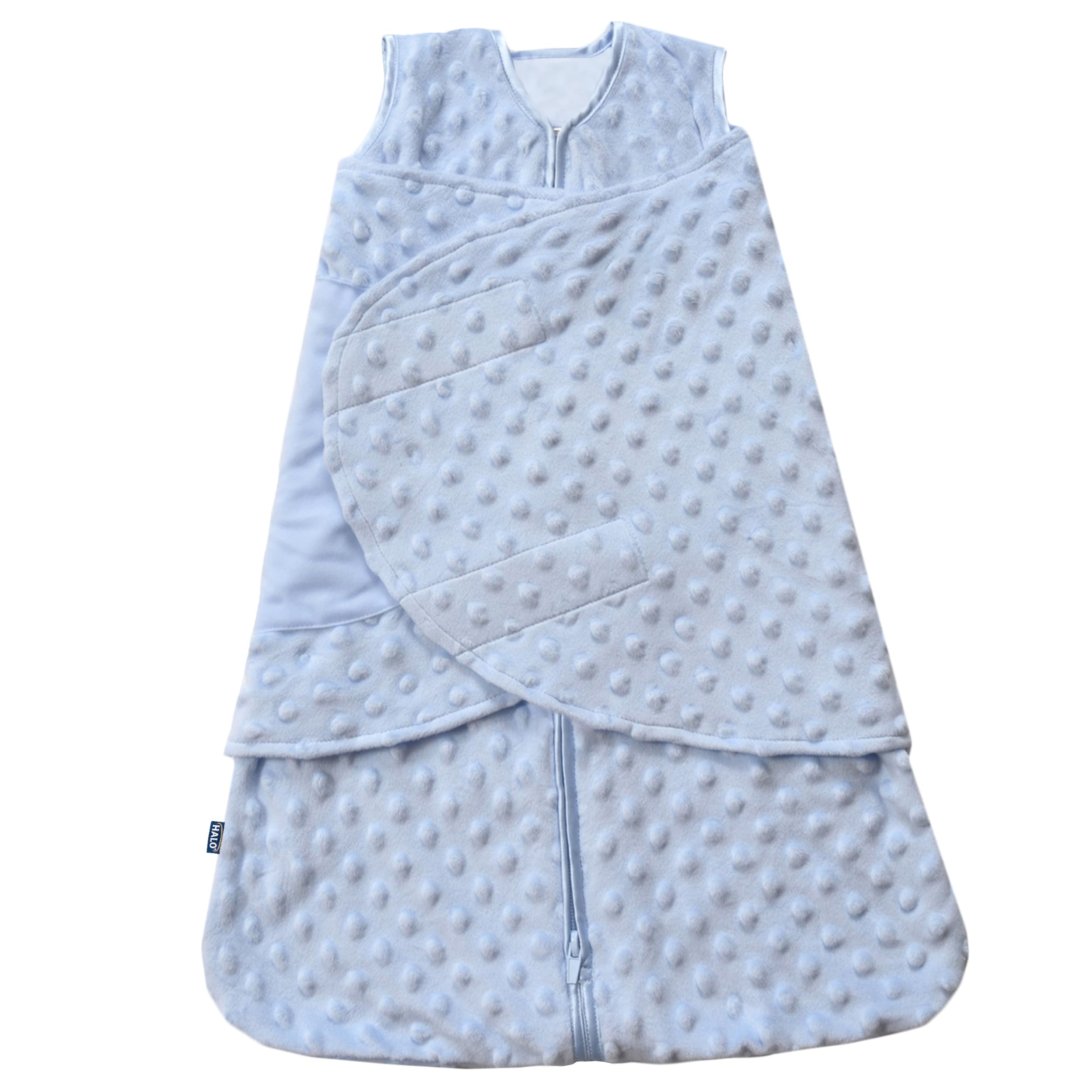 HALO Sleepsack Swaddle, 3-Way Adjustable Swaddle Blanket, TOG 3.0, Velboa, Blue Plush Dots, Small, 3-6 Months